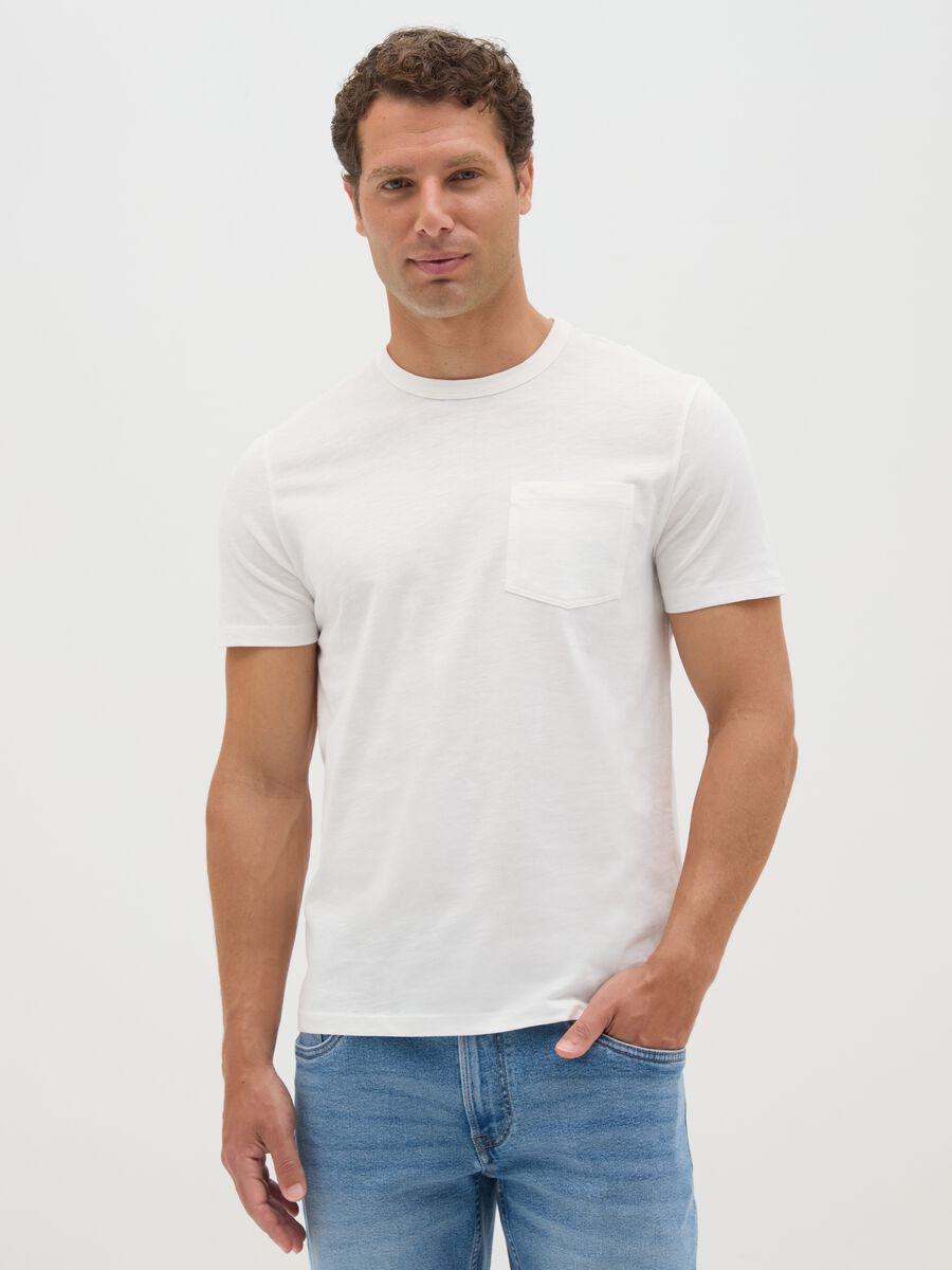 Men's white pure cotton T-shirt regular fit with pocket_0