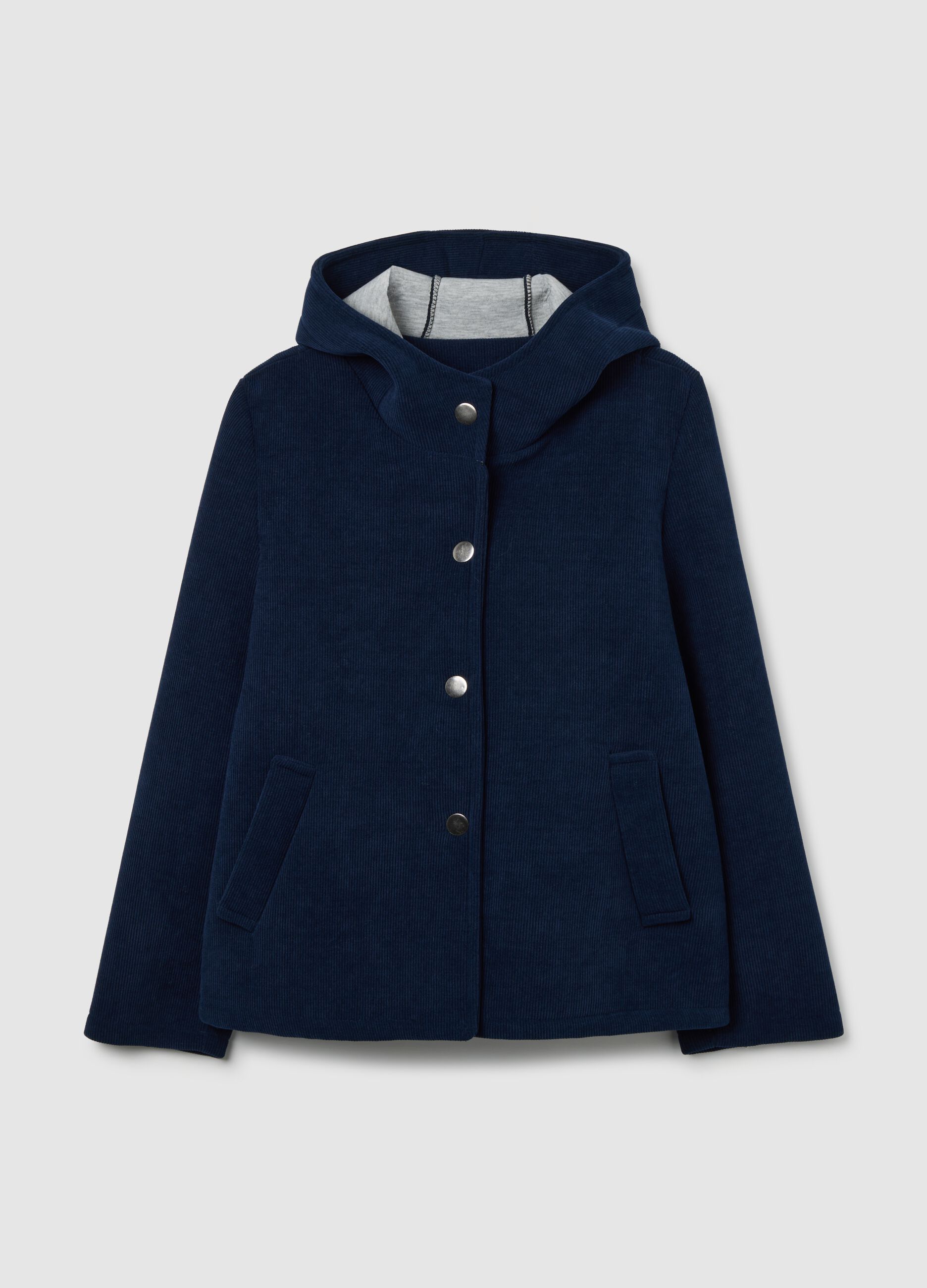 Blue corded fabric jacket with hood