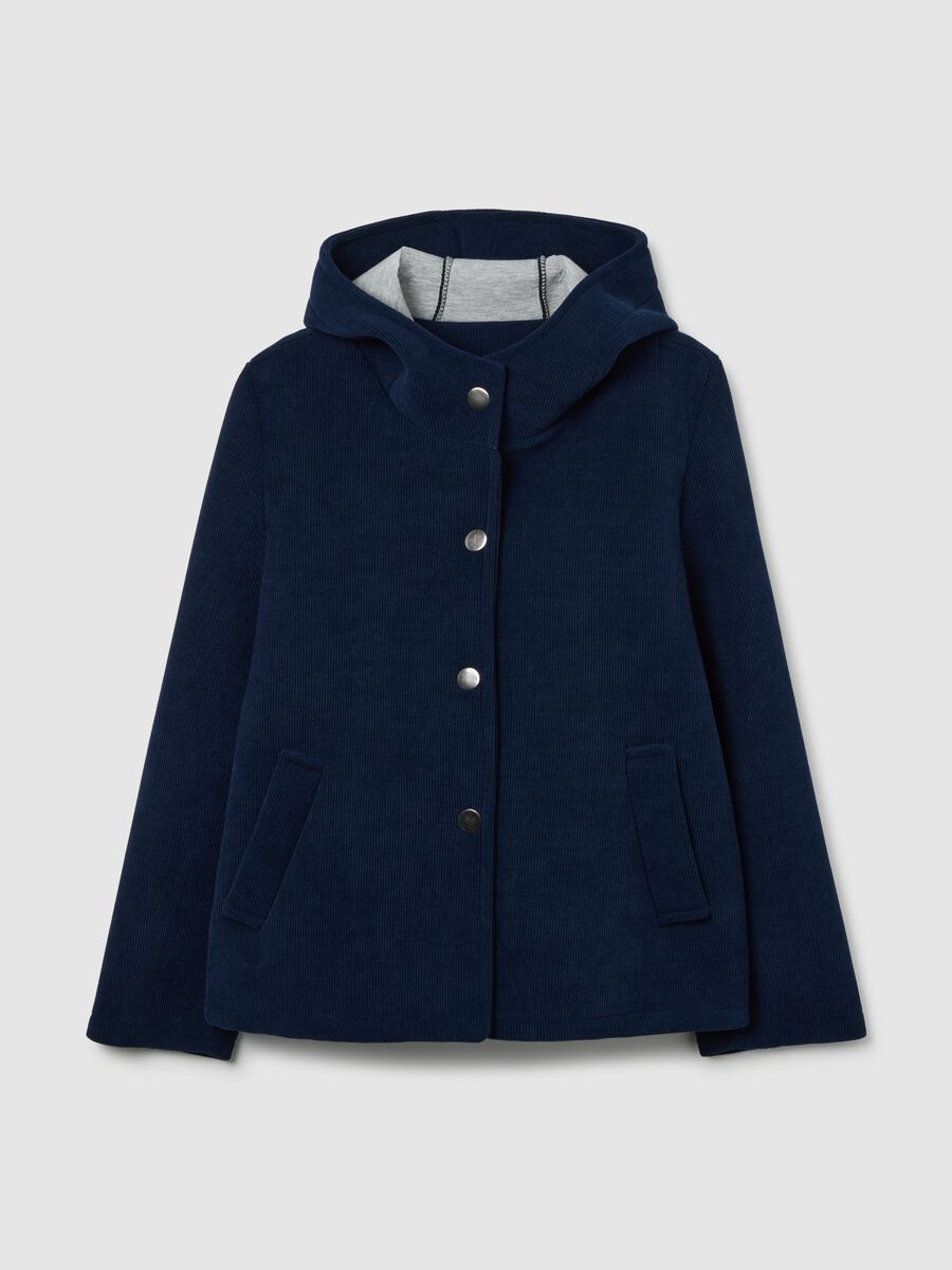 Giacca blu in tessuto a costine con cappuccio_0