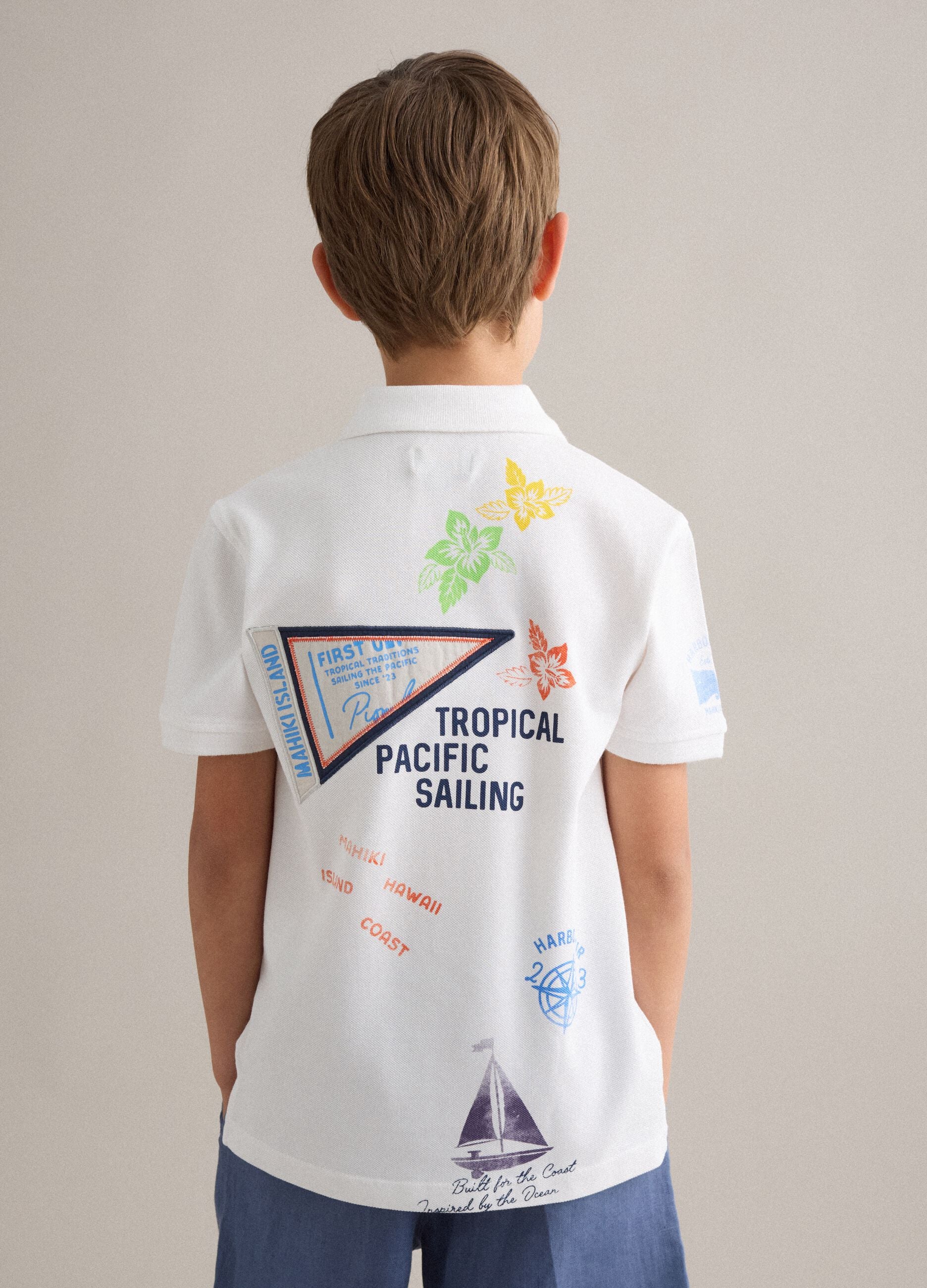 White short-sleeved polo shirt in pure cotton