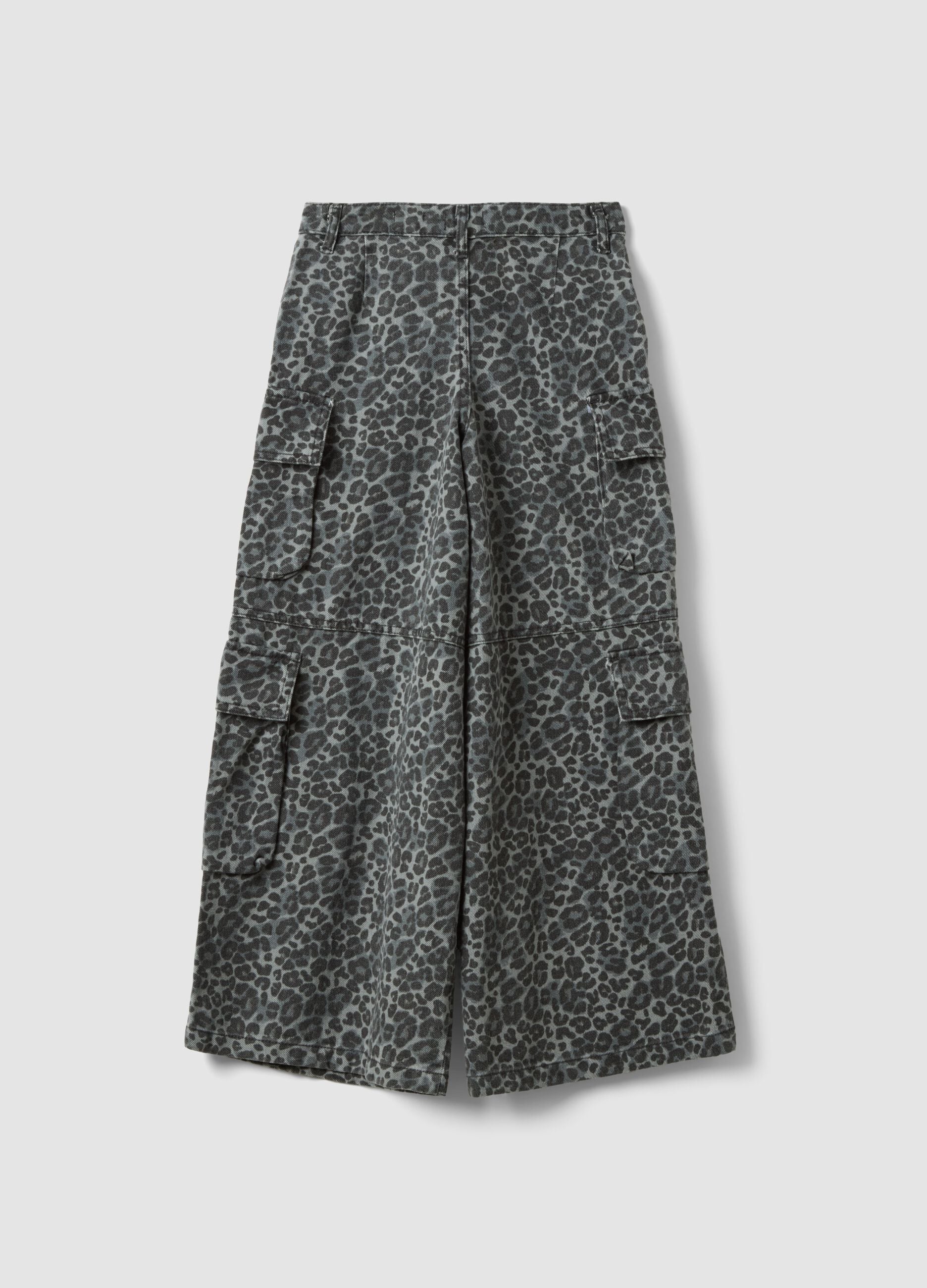 Grey pure cotton cargo trousers with animal print
