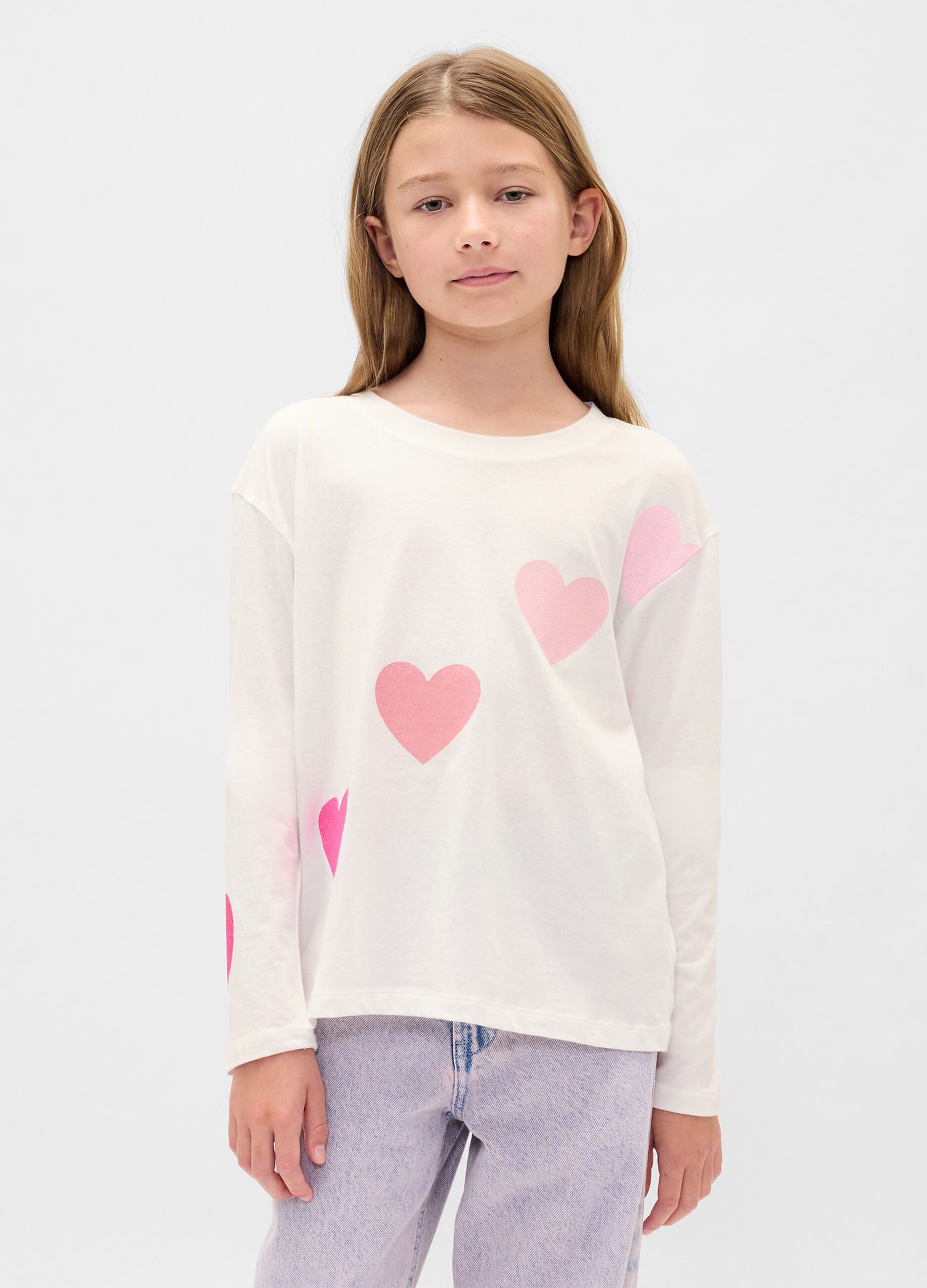 White Long Sleeve T-shirt with Pink Hearts
