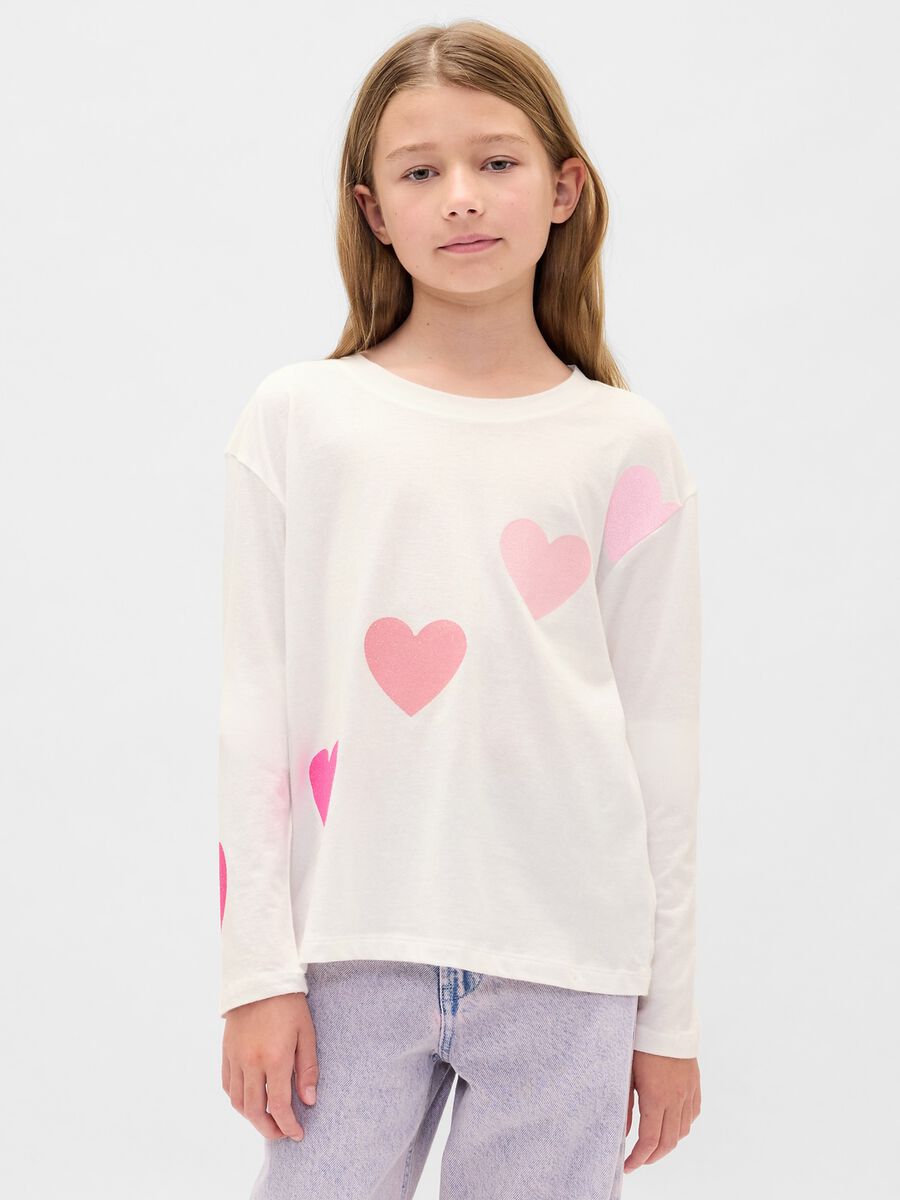 White Long Sleeve T-shirt with Pink Hearts_0