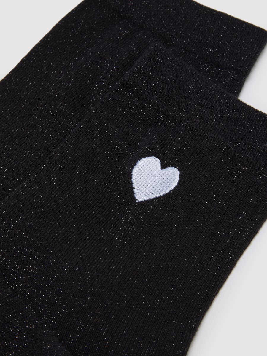 Black Cotton Blend Socks with Heart and Glitter_1
