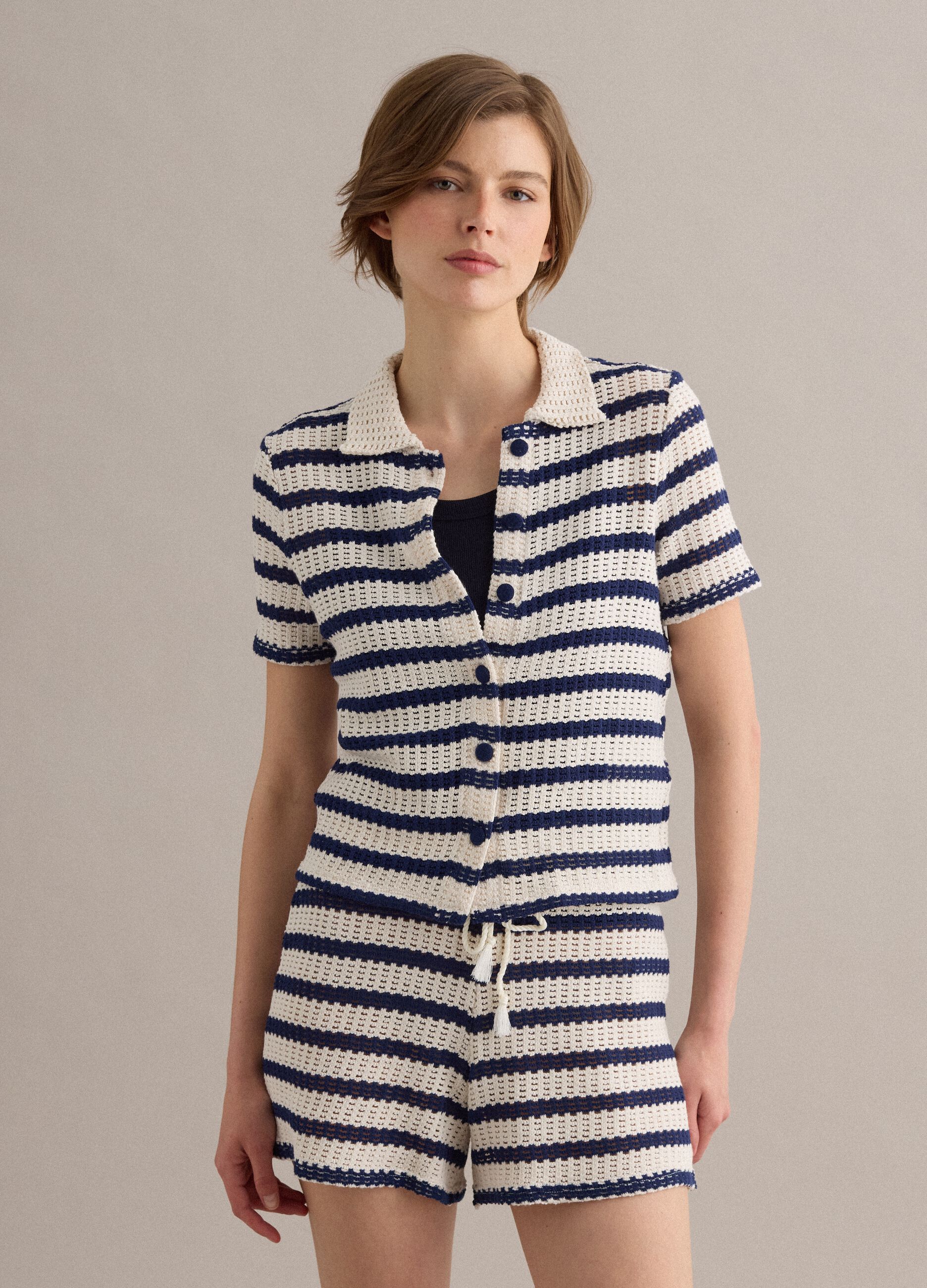 Blue and white striped stretch cotton crochet polo shirt