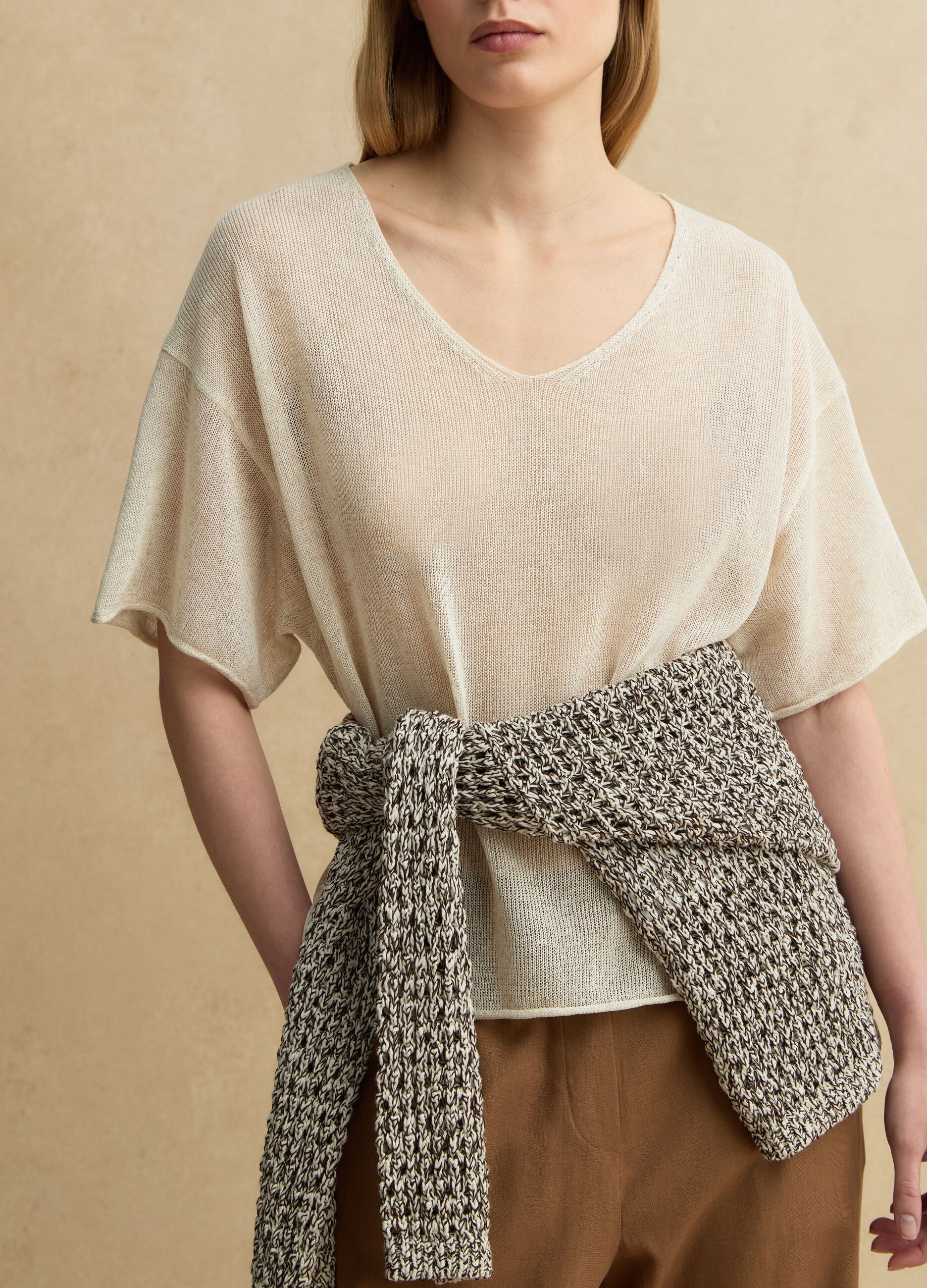 Oversized beige lyocell and linen blend jumper with V-neck