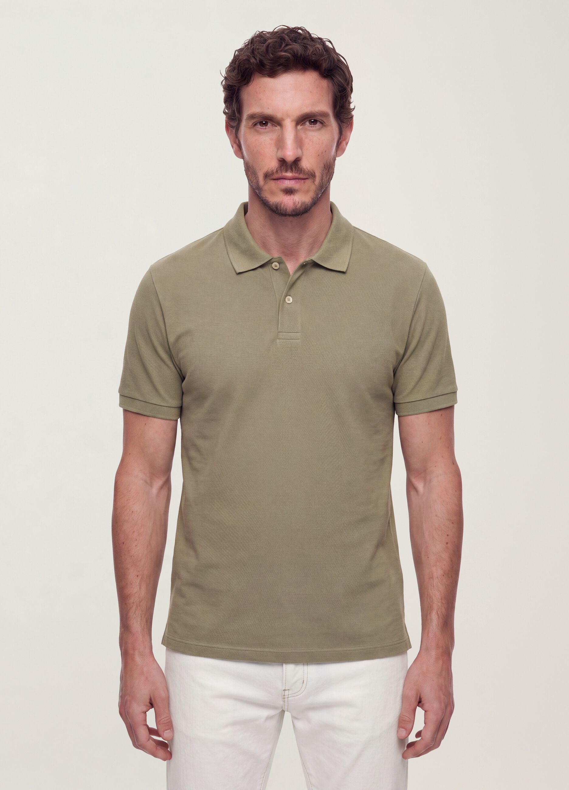 Green pure cotton piqu&eacute; polo shirt with classic collar, regular fit