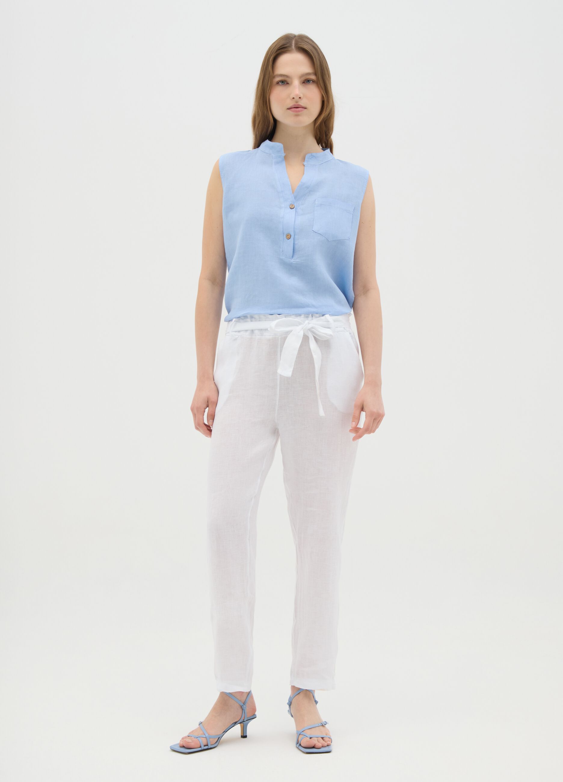 Women's Sleeveless Linen Blue Shirt Regular Fit