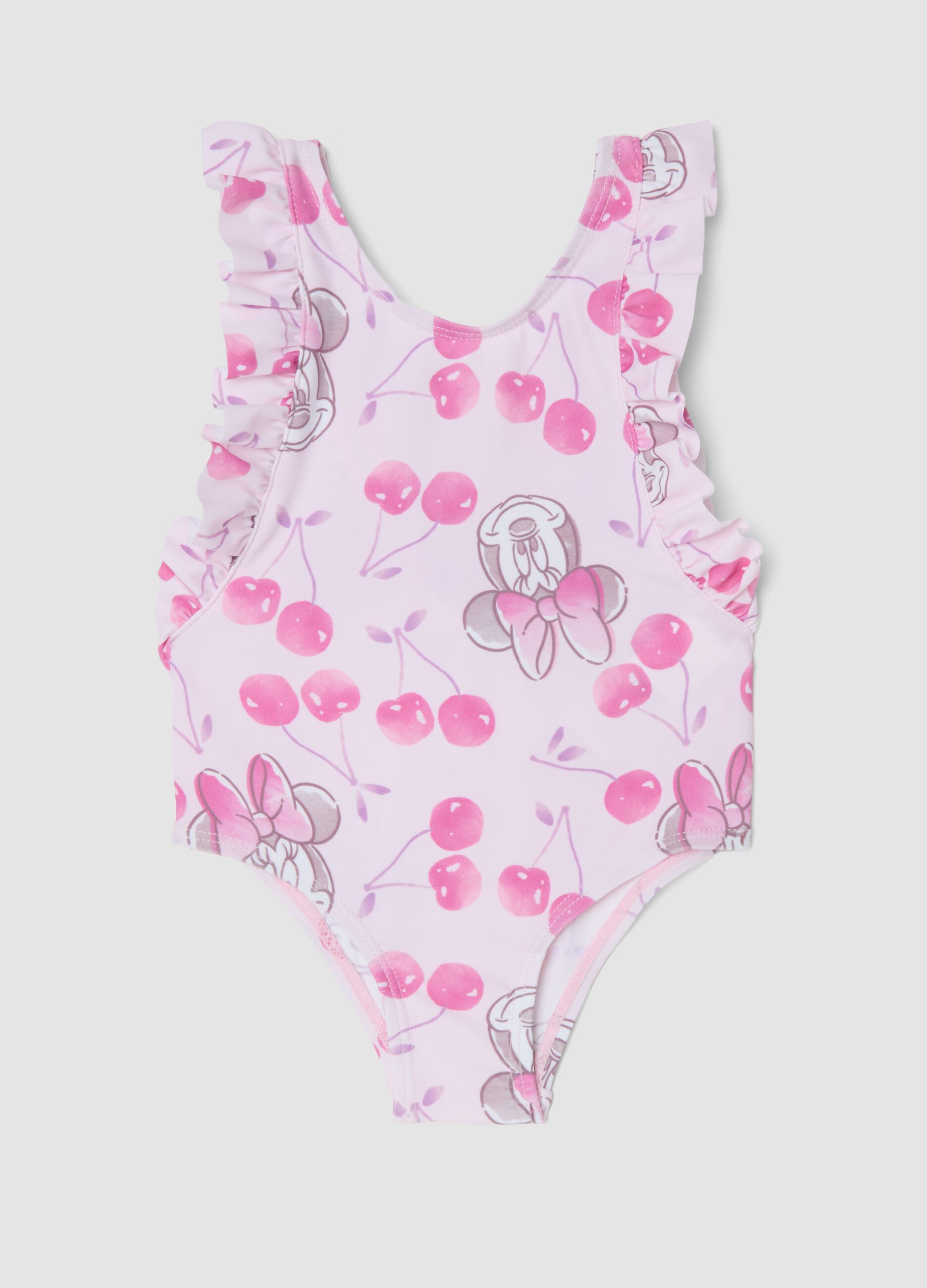 Pink Minnie print ruffle one-piece swimsuit for baby girls