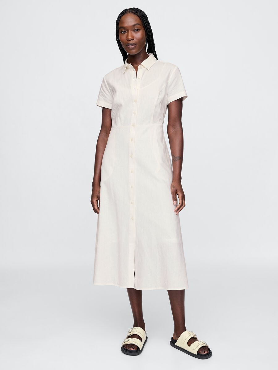 Long beige shirt dress in linen and viscose_0
