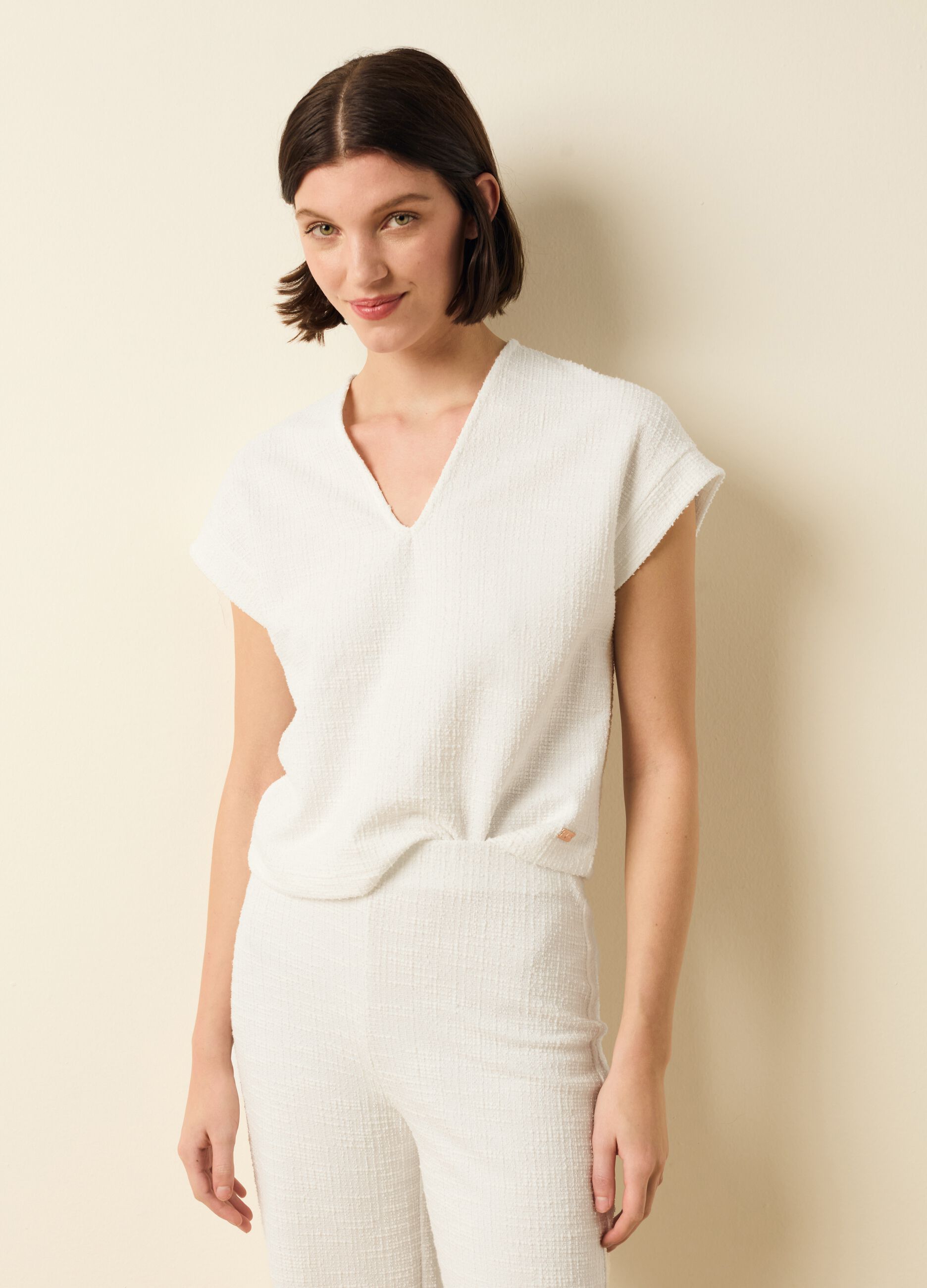 Woven T-shirt with kimono sleeves