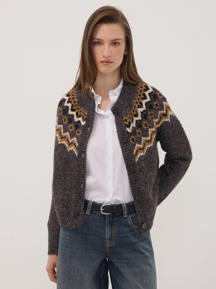 Cardigan grigio girocollo con fantasia jacquard_0