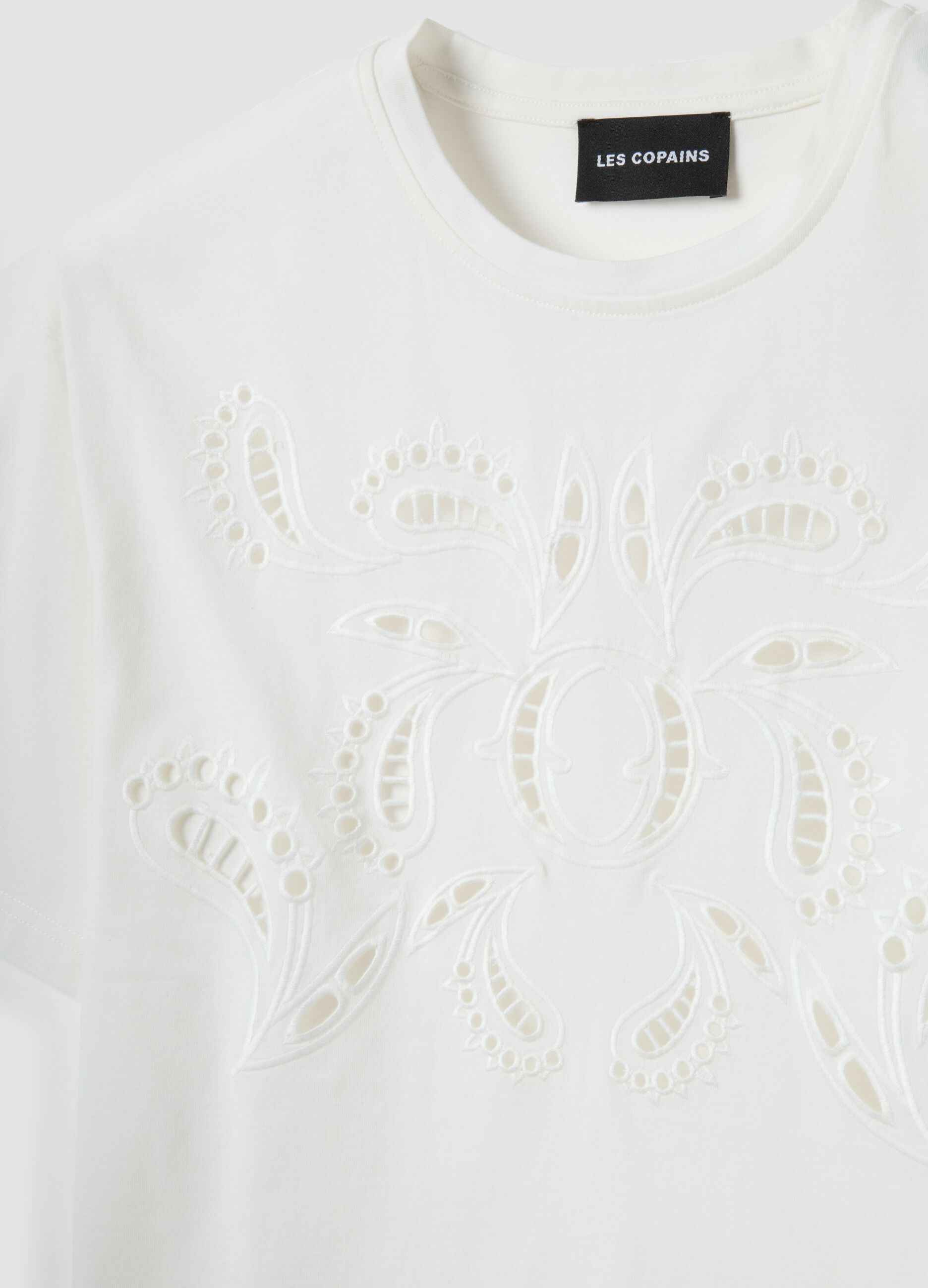 White pure cotton regular-fit T-shirt with broderie anglaise embroidery