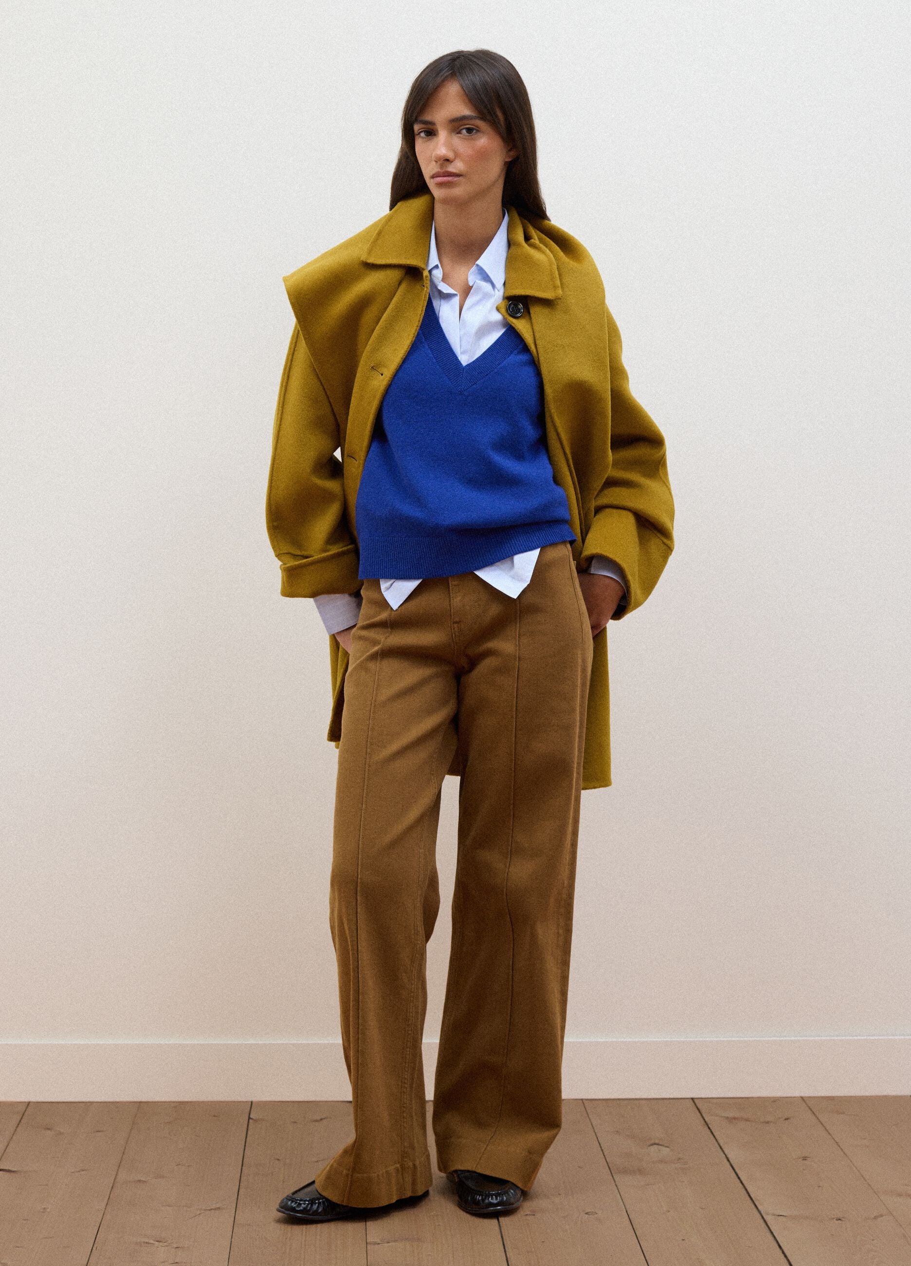 Yellow wool-blend coat with button fastening