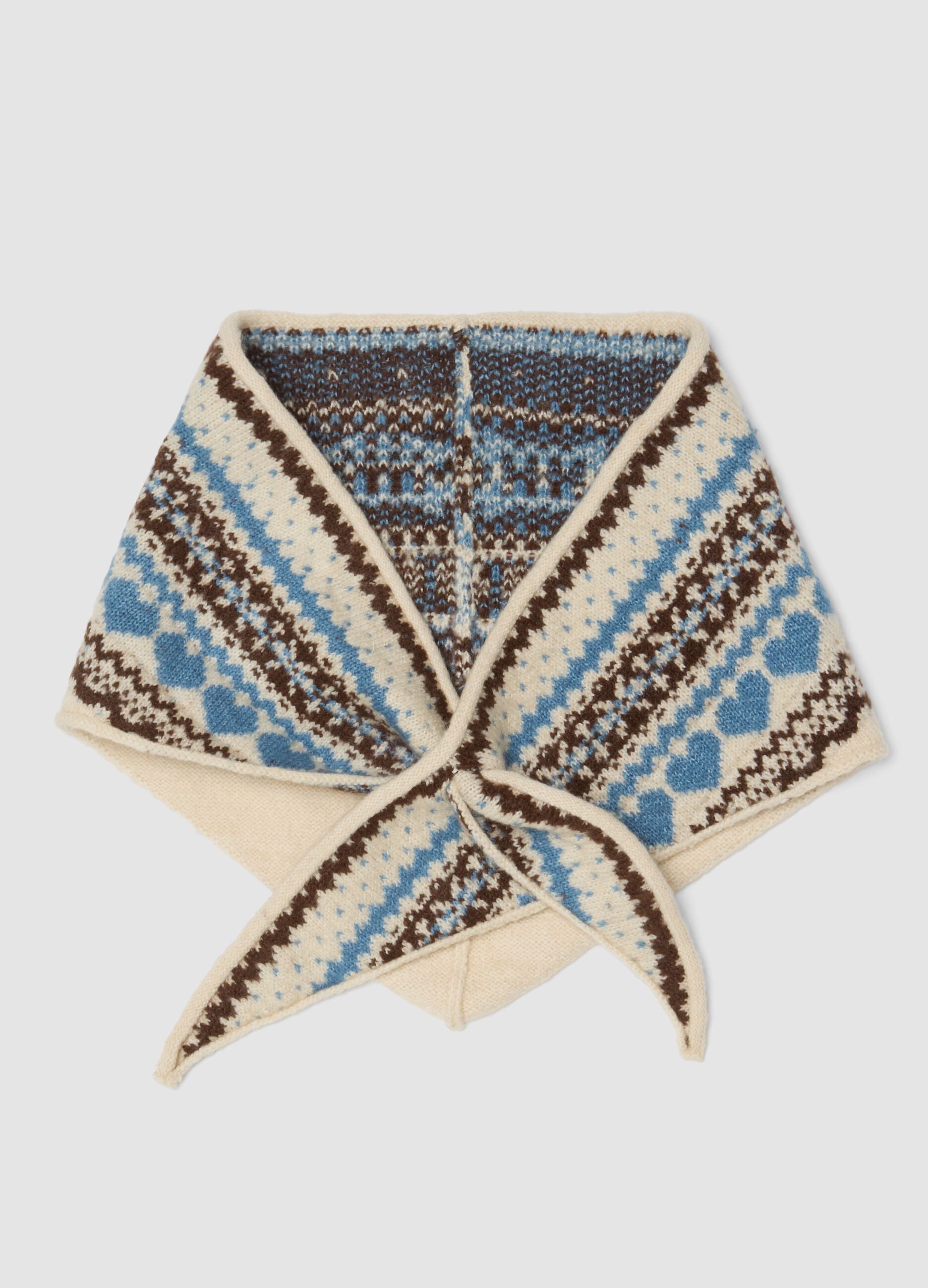 Beige scarf with light blue and brown jacquard pattern