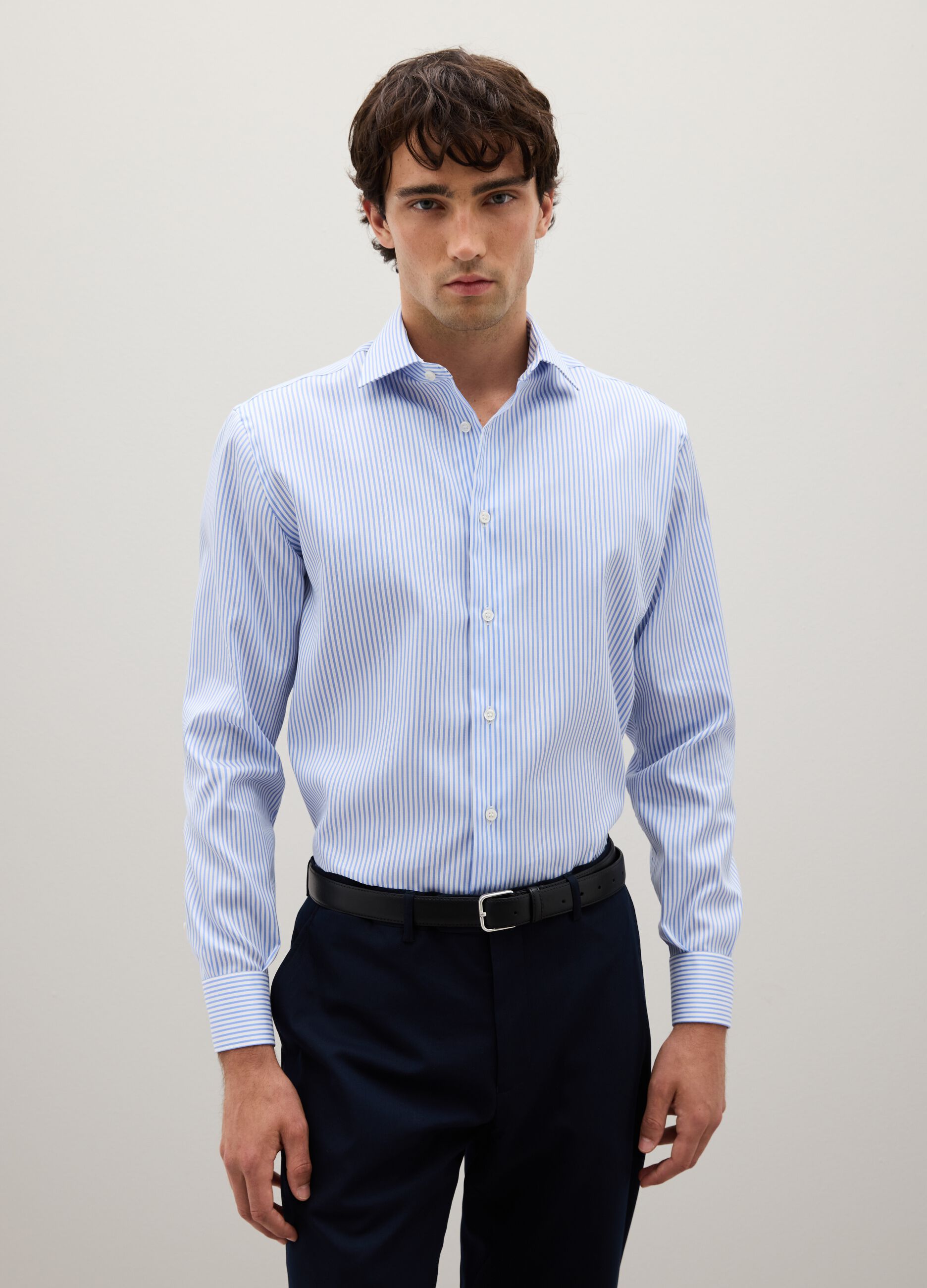 Camicia in puro cotone blu a righe regular fit