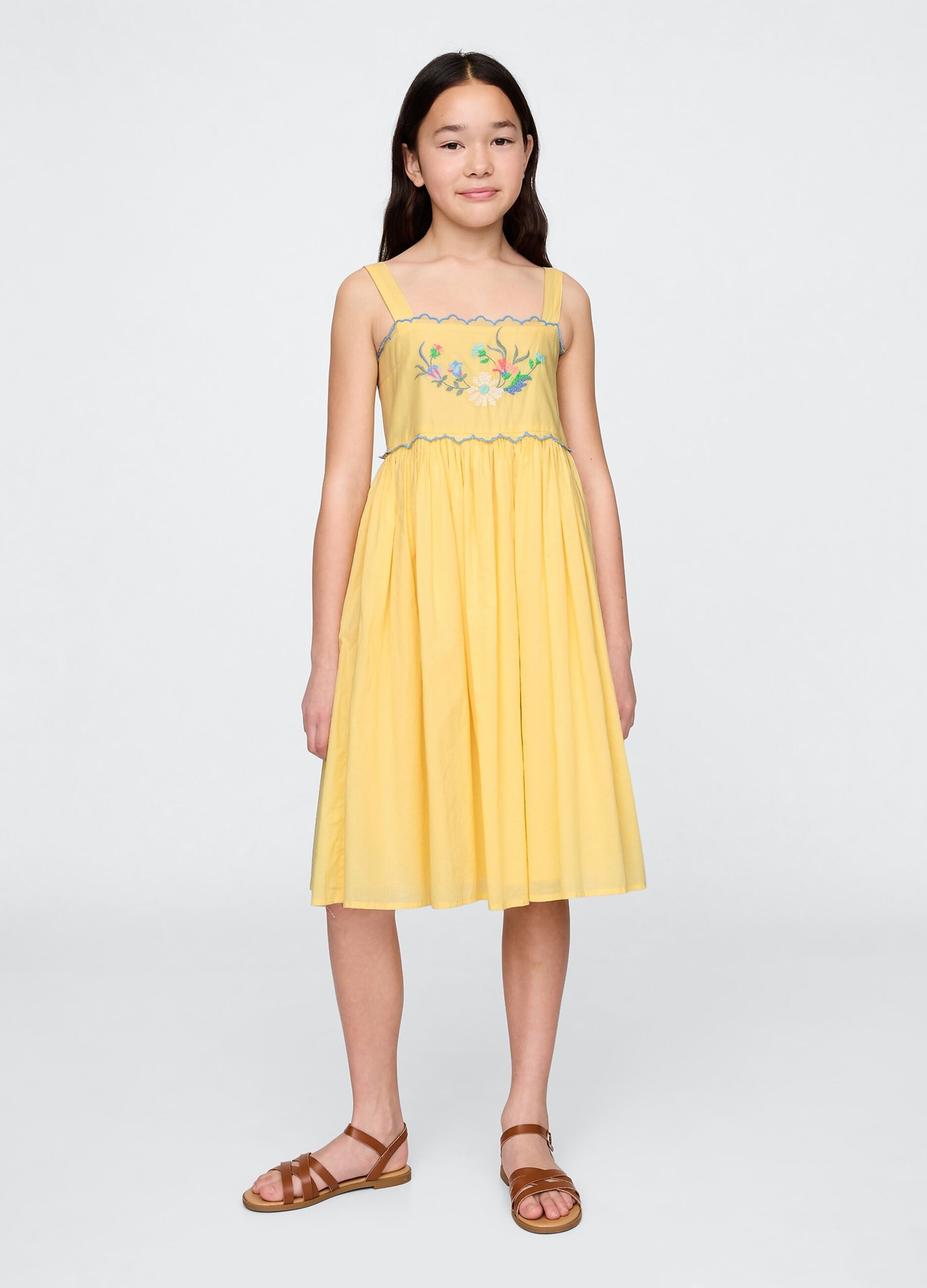 Yellow summer dress with floral embroidery in cotton