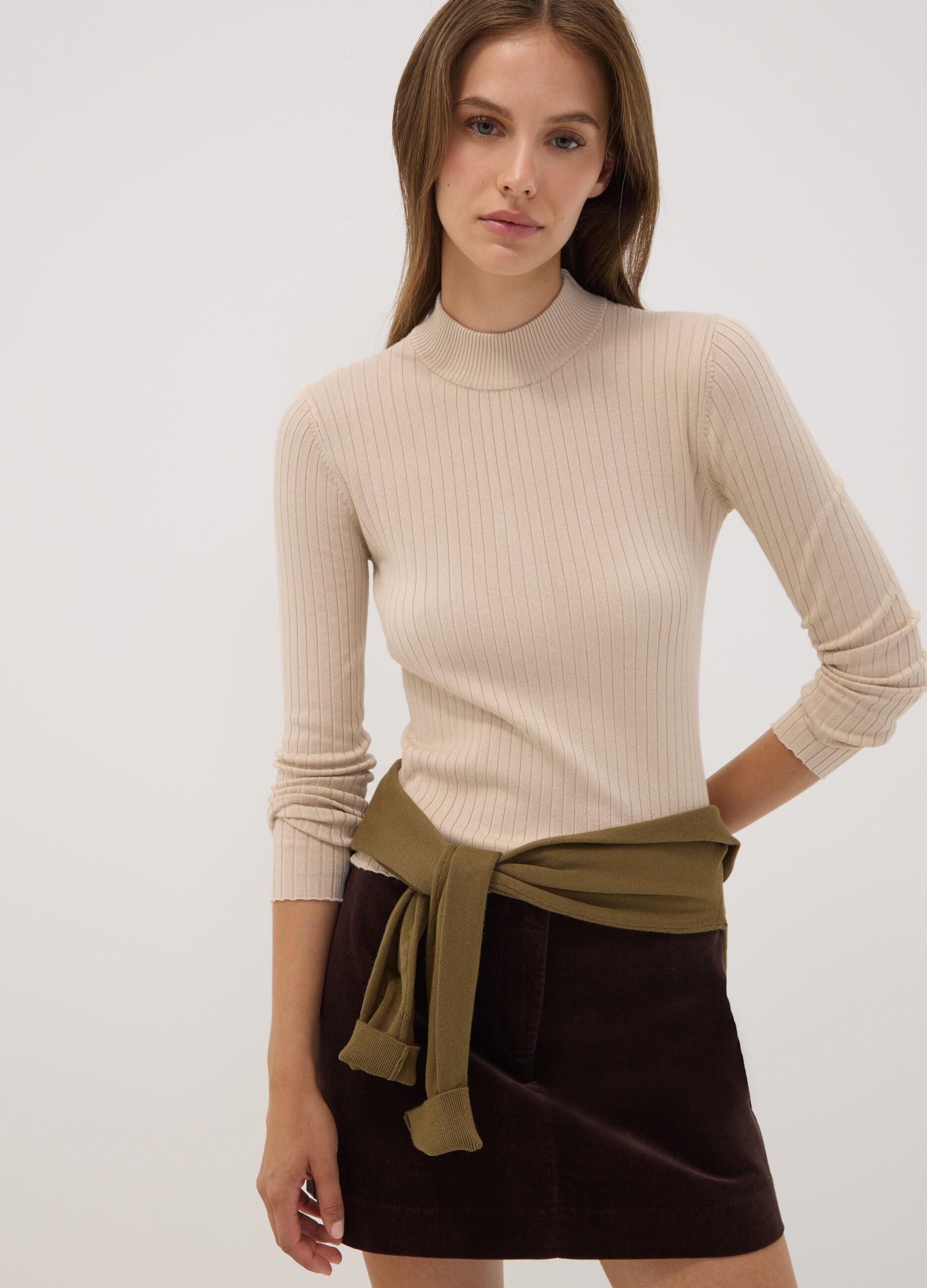 Beige ribbed viscose-blend top with high neck