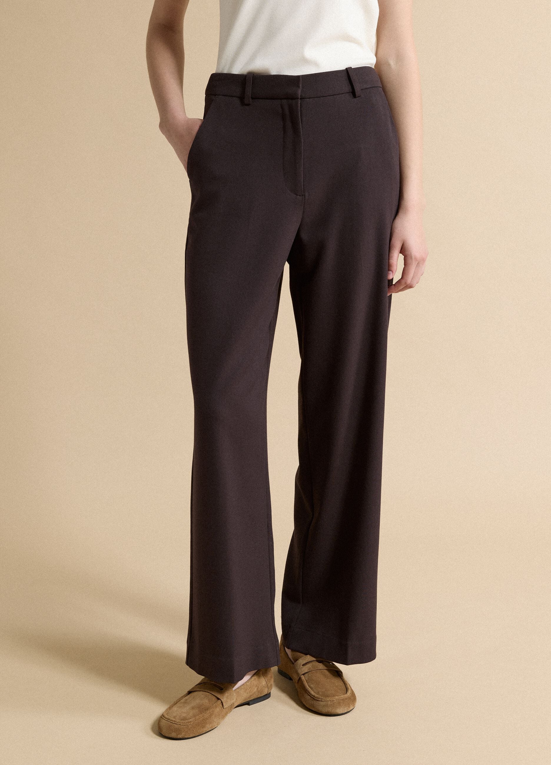 Brown flared formal trousers in stretch viscose