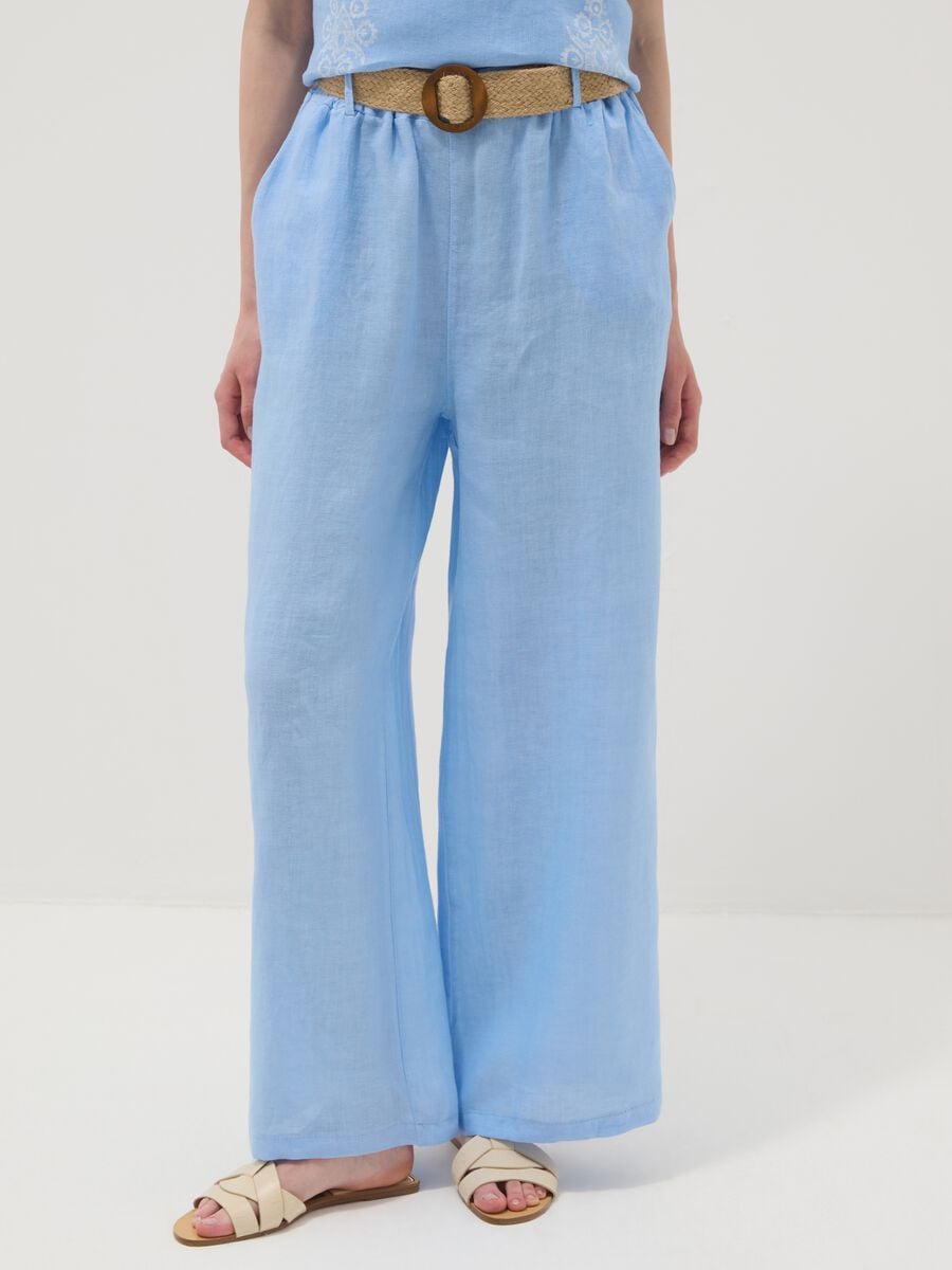 Pantaloni azzurri in puro lino a gamba larga e vita elasticizzata_1