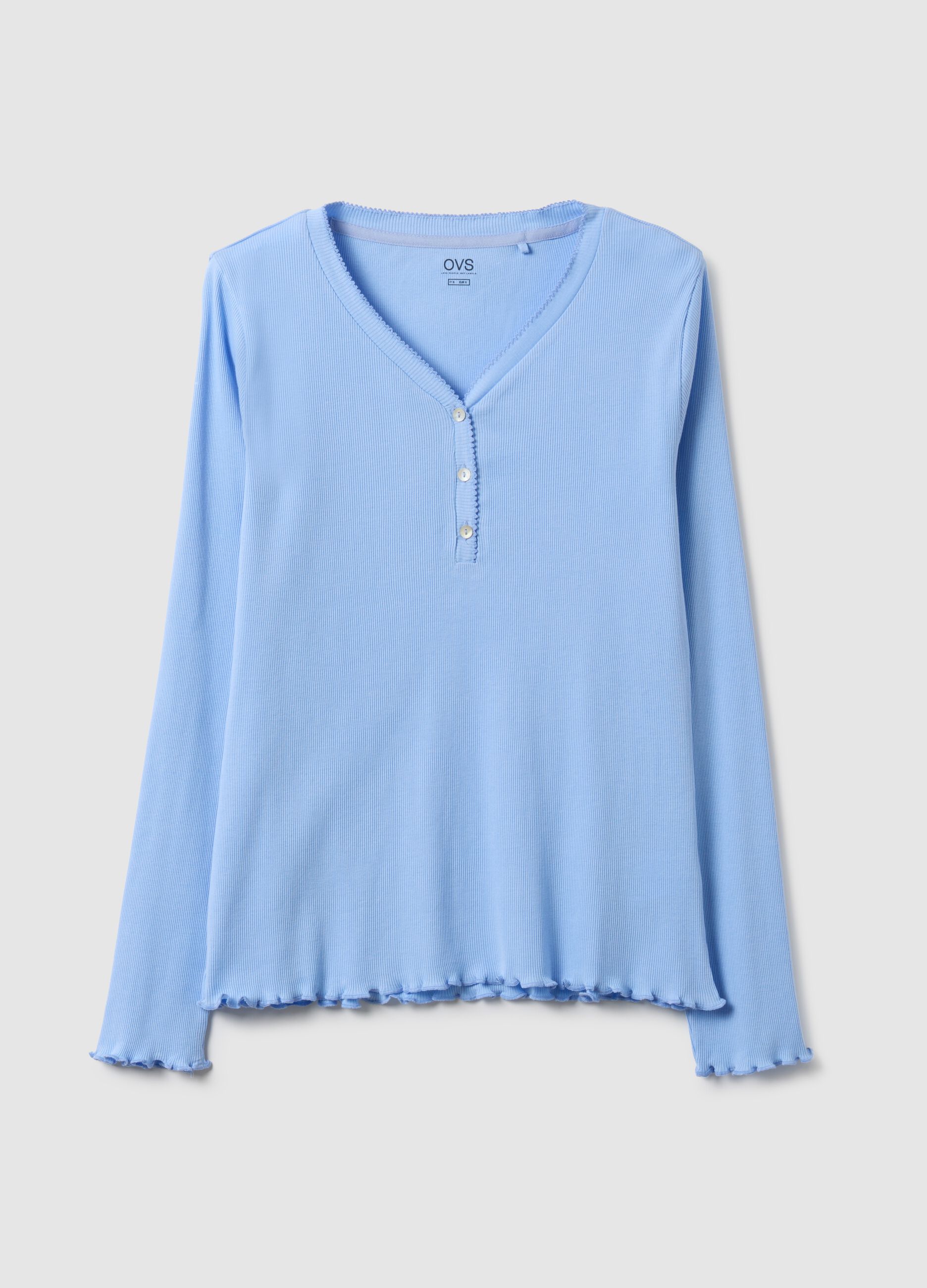 Pure cotton light blue regular fit pyjama top with Henley collar
