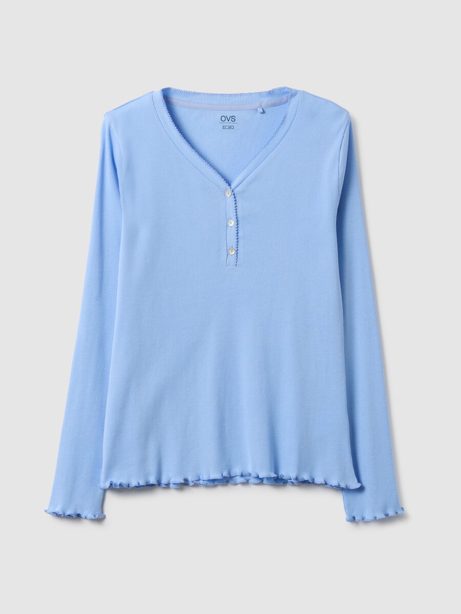 Maglia pigiama in puro cotone azzurra regular fit con collo serafino_0