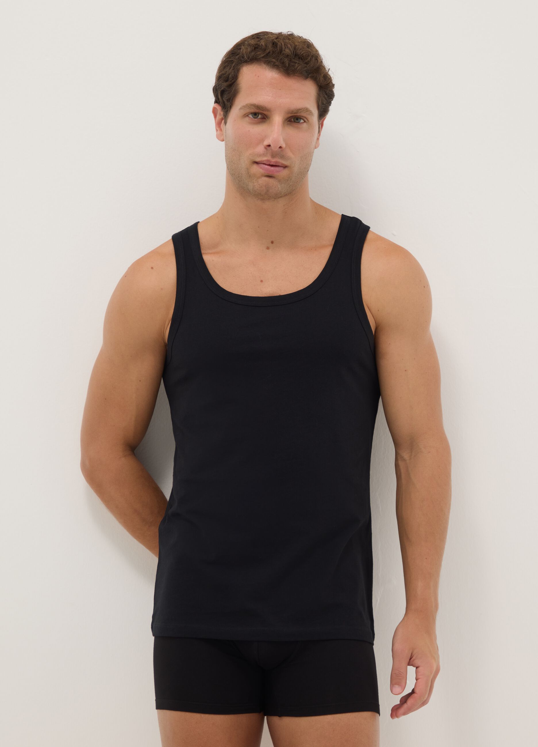 Pack of three black pure cotton tank tops regular fit