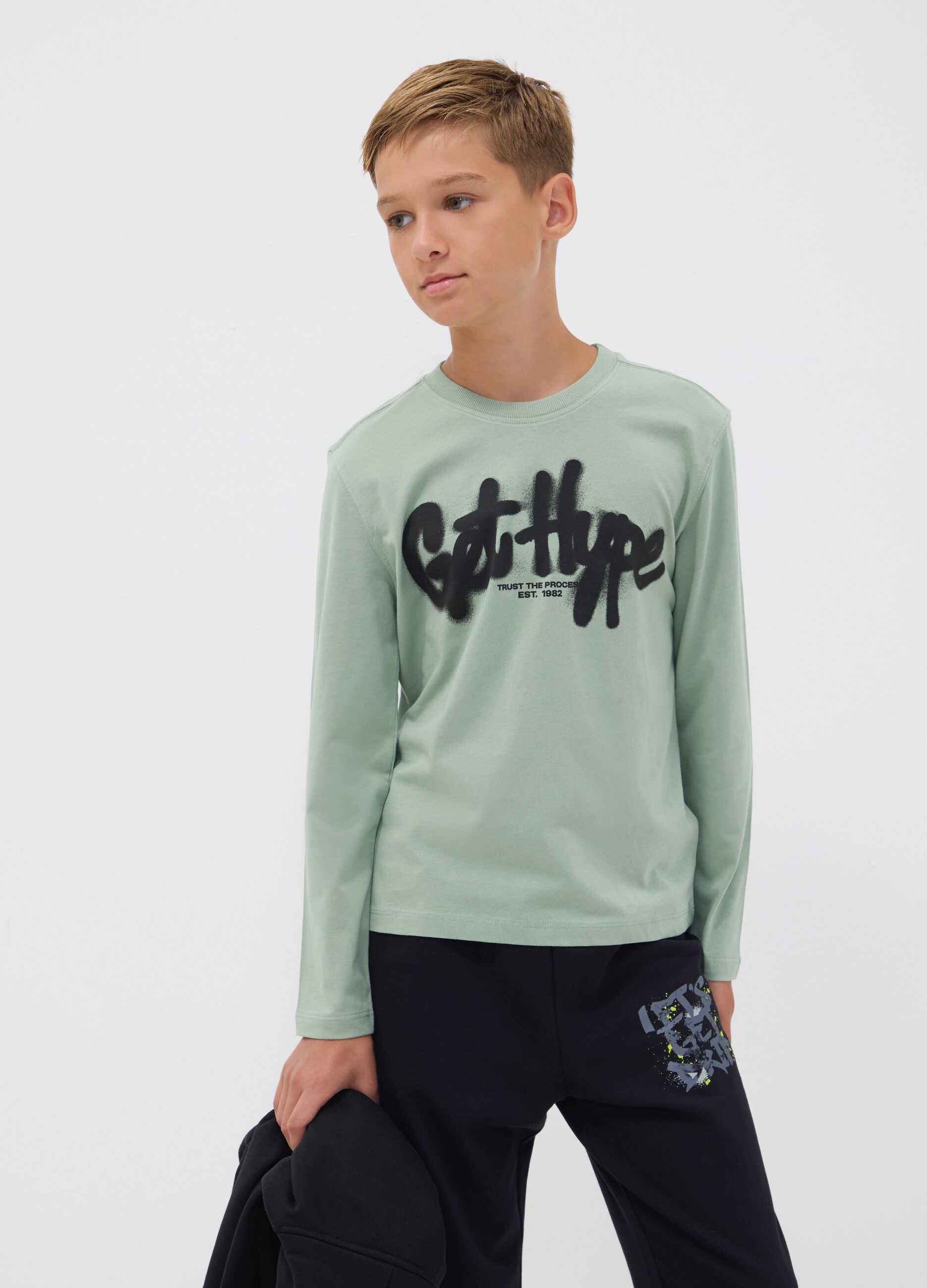 Green pure organic cotton T-shirt with &ldquo;Get Hype&rdquo; print for boys