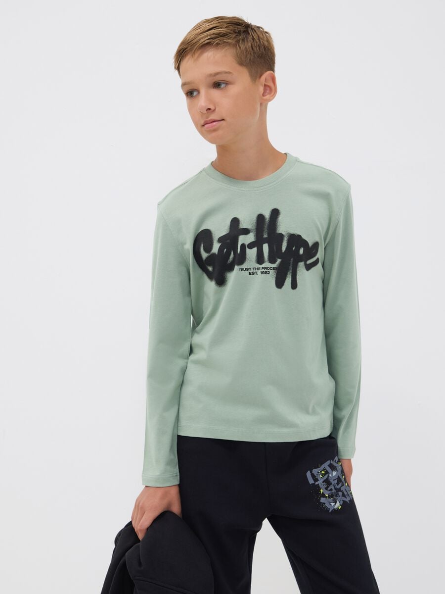 T-shirt verde in puro cotone organico con stampa "Get Hype" per ragazzo_0