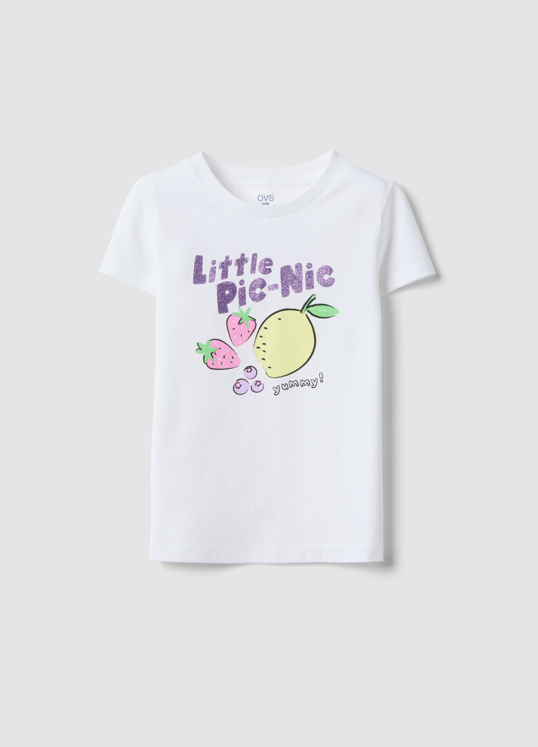 Girls' white pure cotton T-shirt with fruit print, regular fit