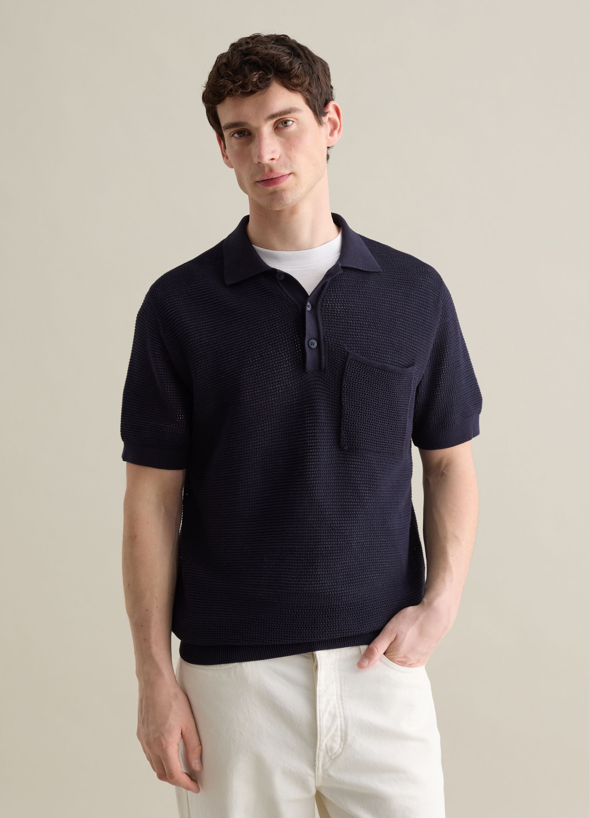 Blue polo shirt in openwork knit