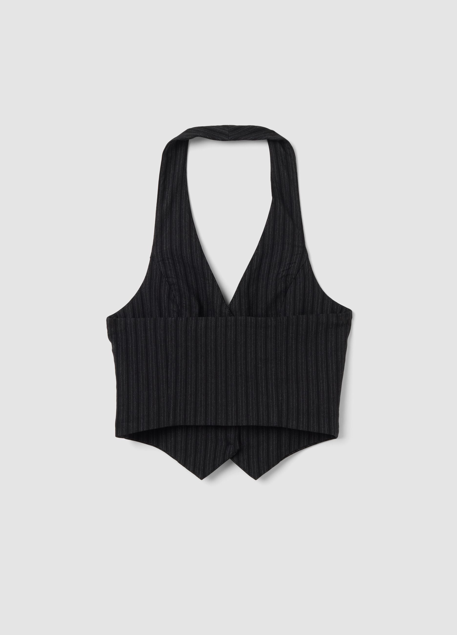 Black cropped vest in stretch striped viscose