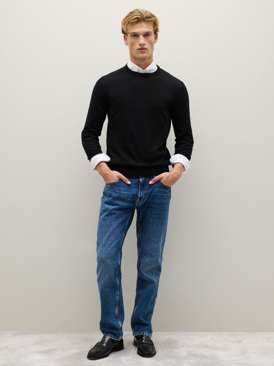 Pure black merino wool jumper regular fit with crew neck_2