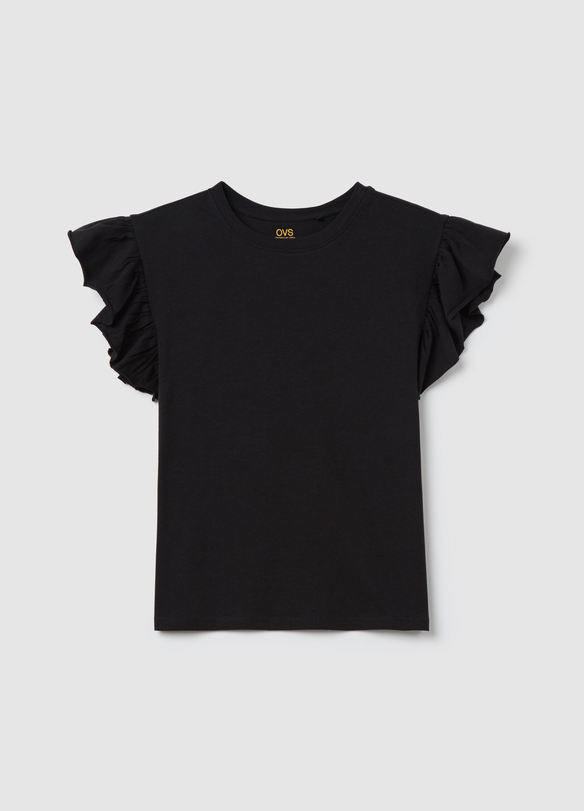 Black short-sleeved T-shirt with flounce