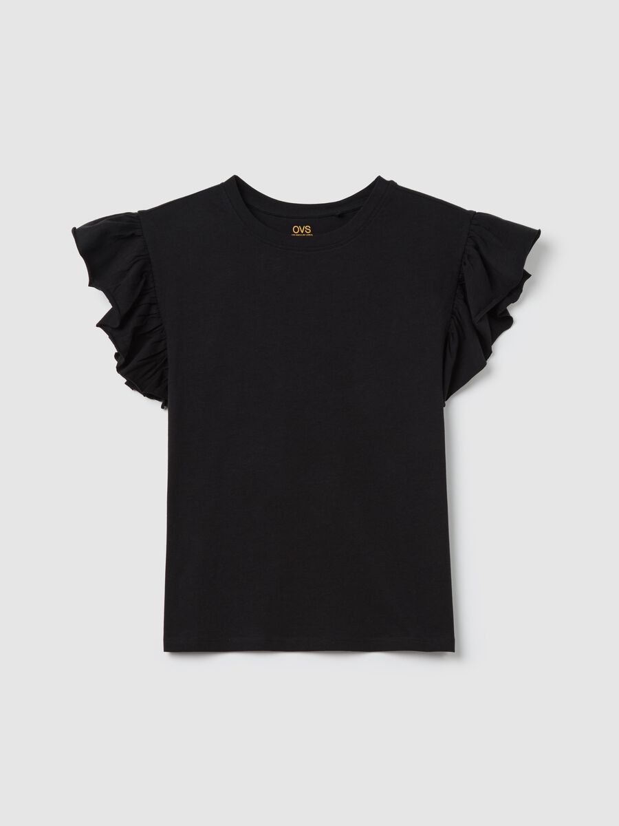 Black short-sleeved T-shirt with flounce_4