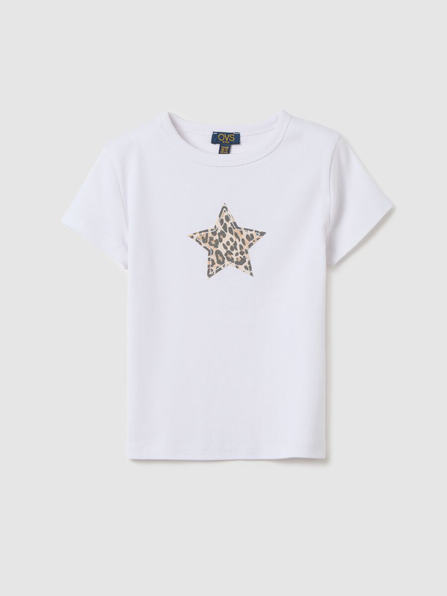 Girls' white cotton slim fit T-shirt with leopard print_0