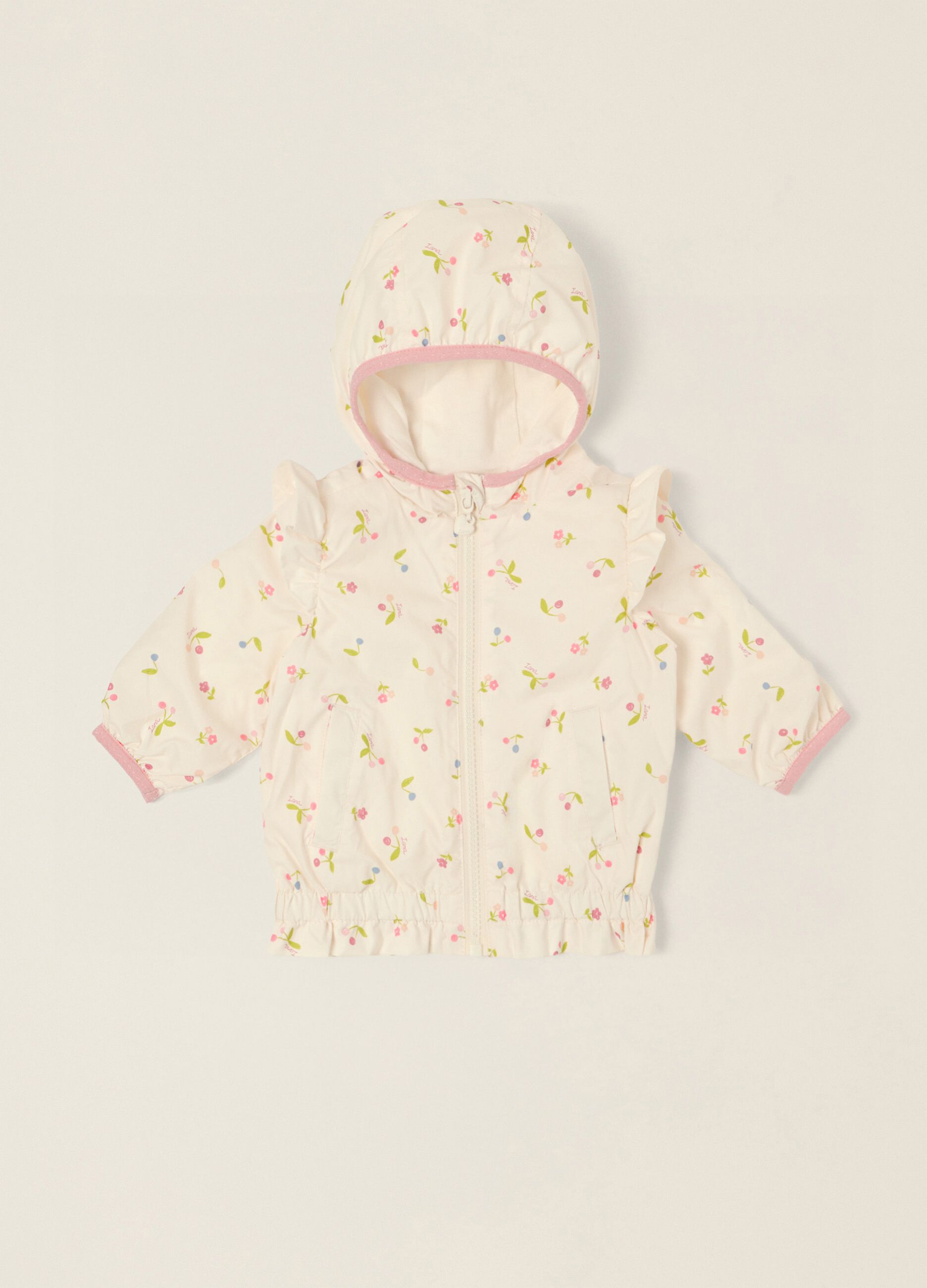 White baby girl hooded jacket with floral print