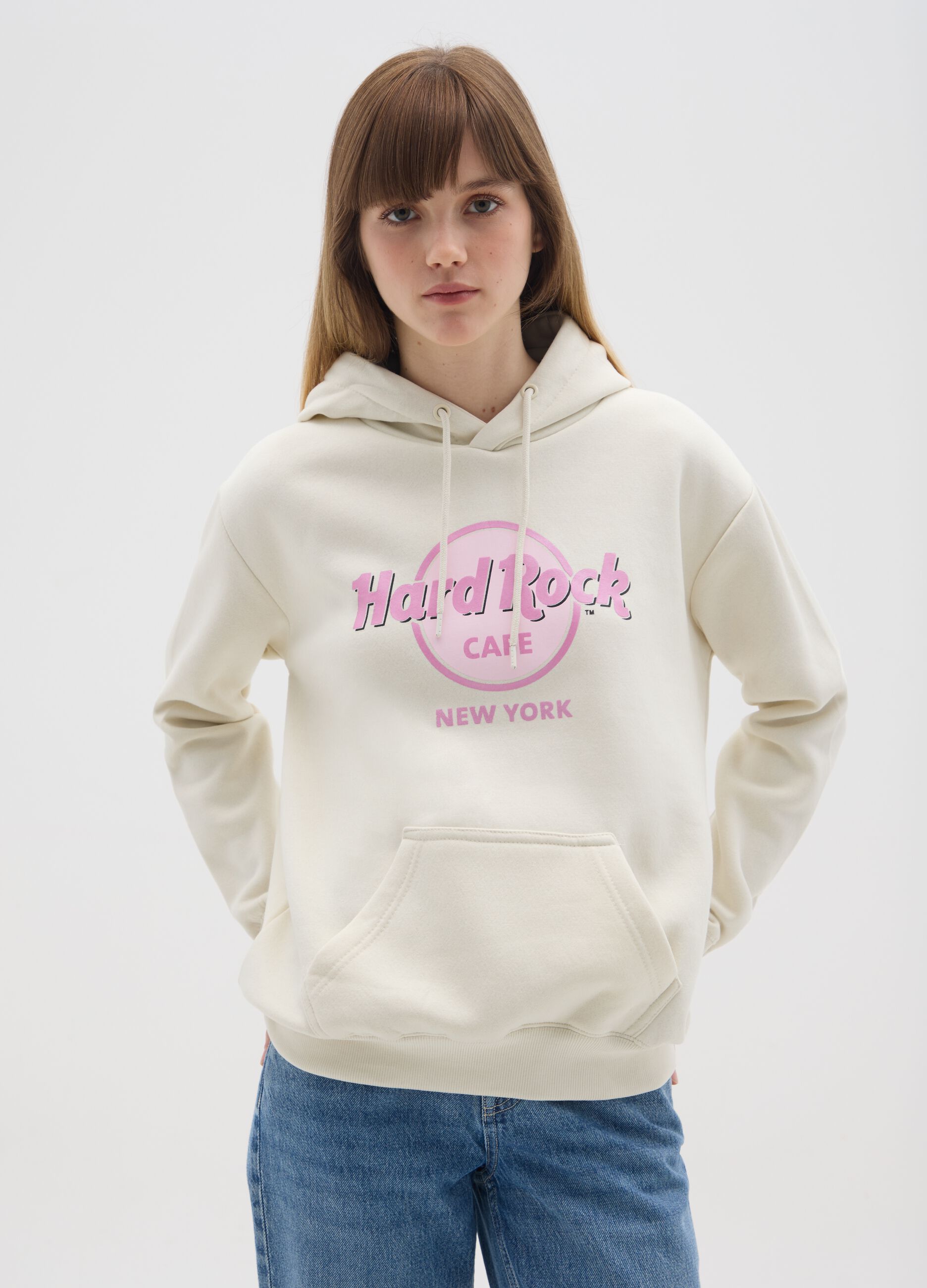 Beige cotton blend regular fit hoodie with Hard Rock Cafe logo