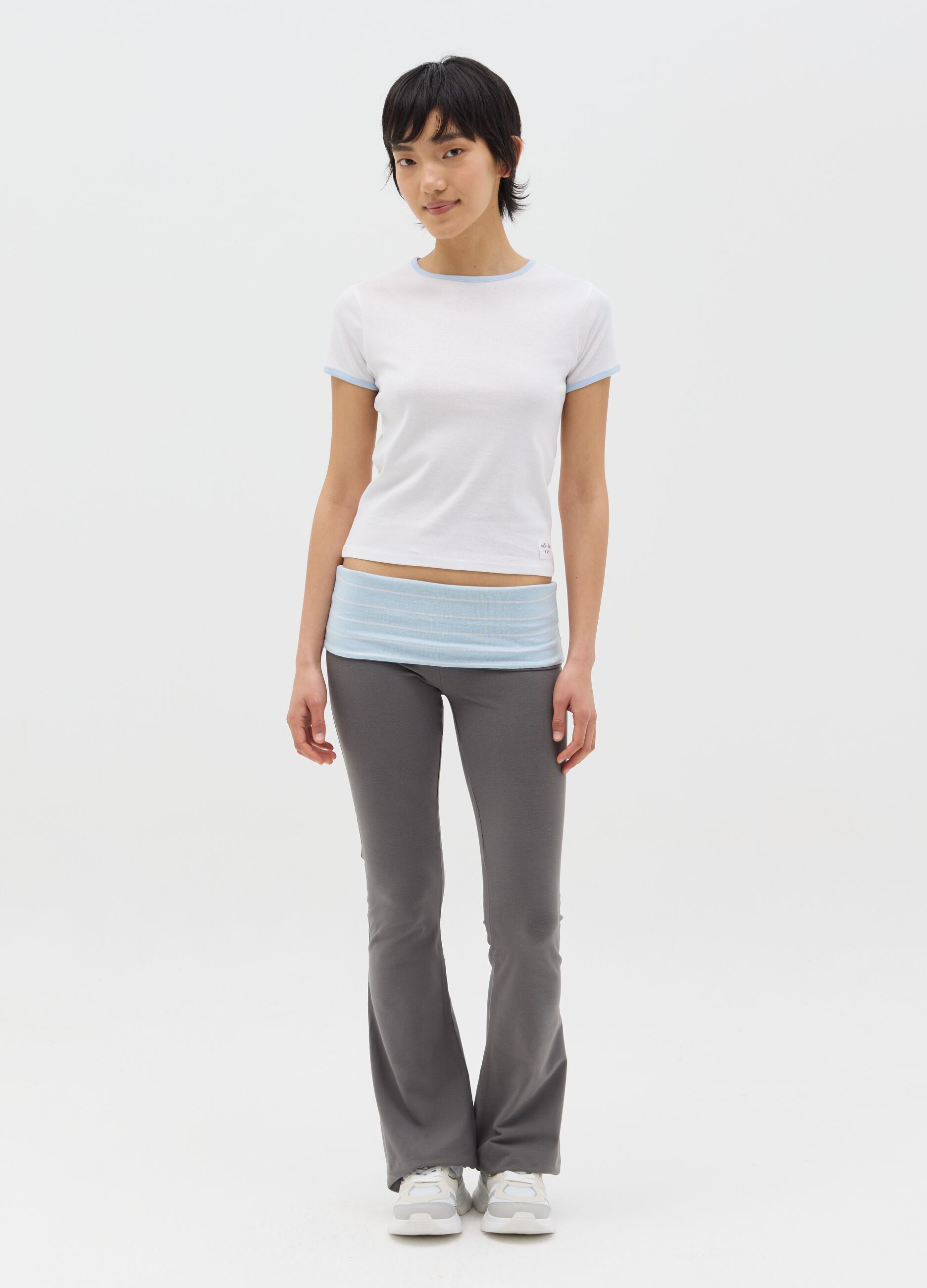 Grey flare-fit leggings with striped fold at the waist