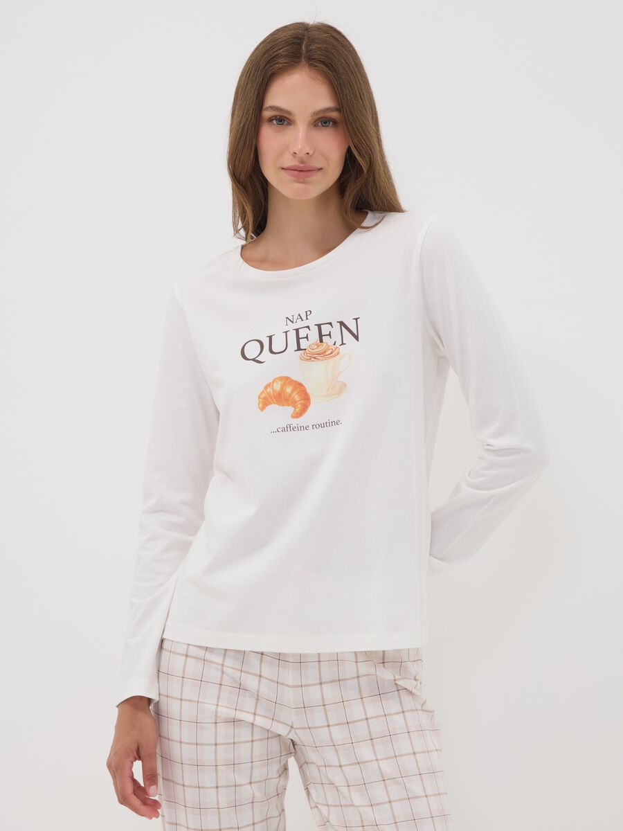 Pigiama bianco in puro cotone organico con stampa "Nap Queen"_2