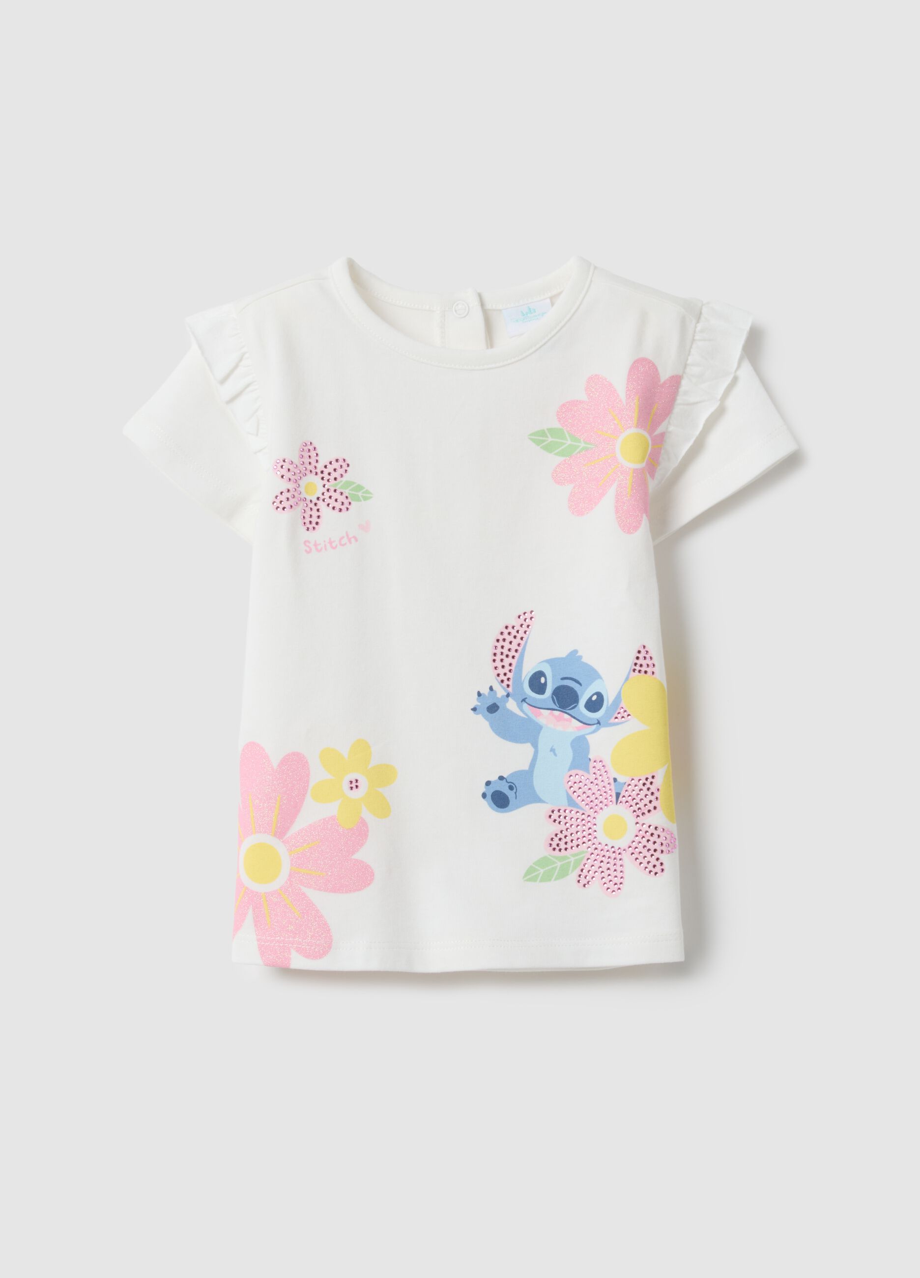Girl's white cotton T-shirt, stretch regular fit with print