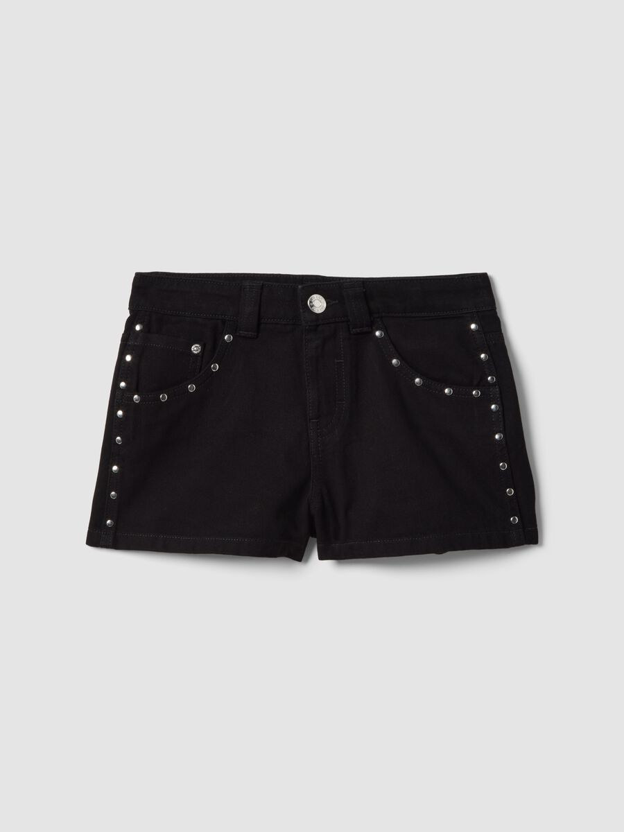 Shorts in puro cotone nero da ragazza con dettagli brillanti_0