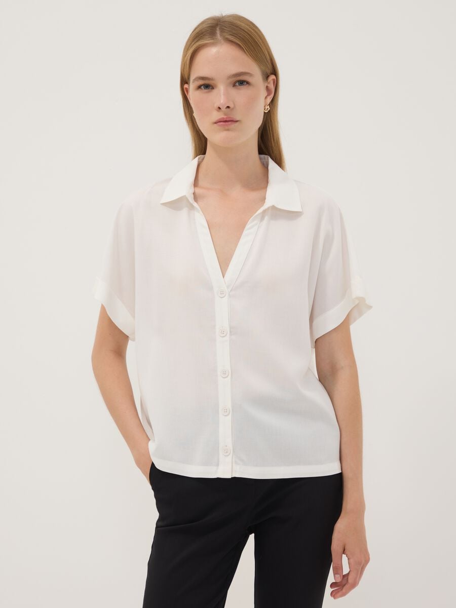 White pure viscose short-sleeve oversized shirt_0