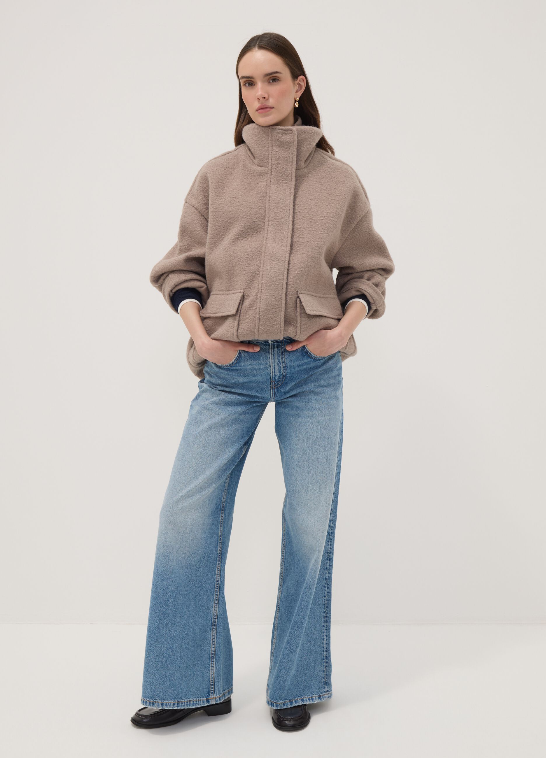 Beige regular-fit jacket with high neck and patch pockets