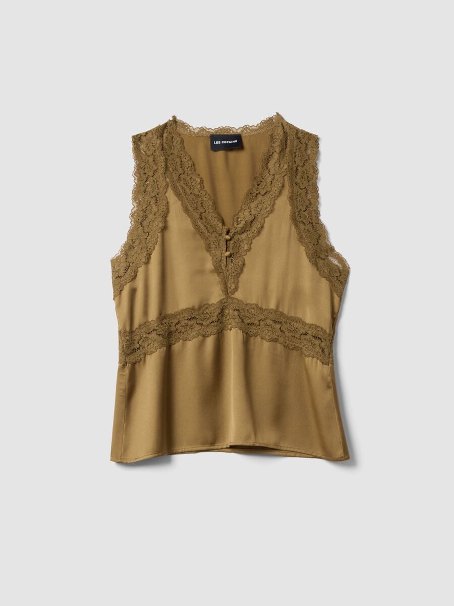 Brown viscose-blend lace top_4