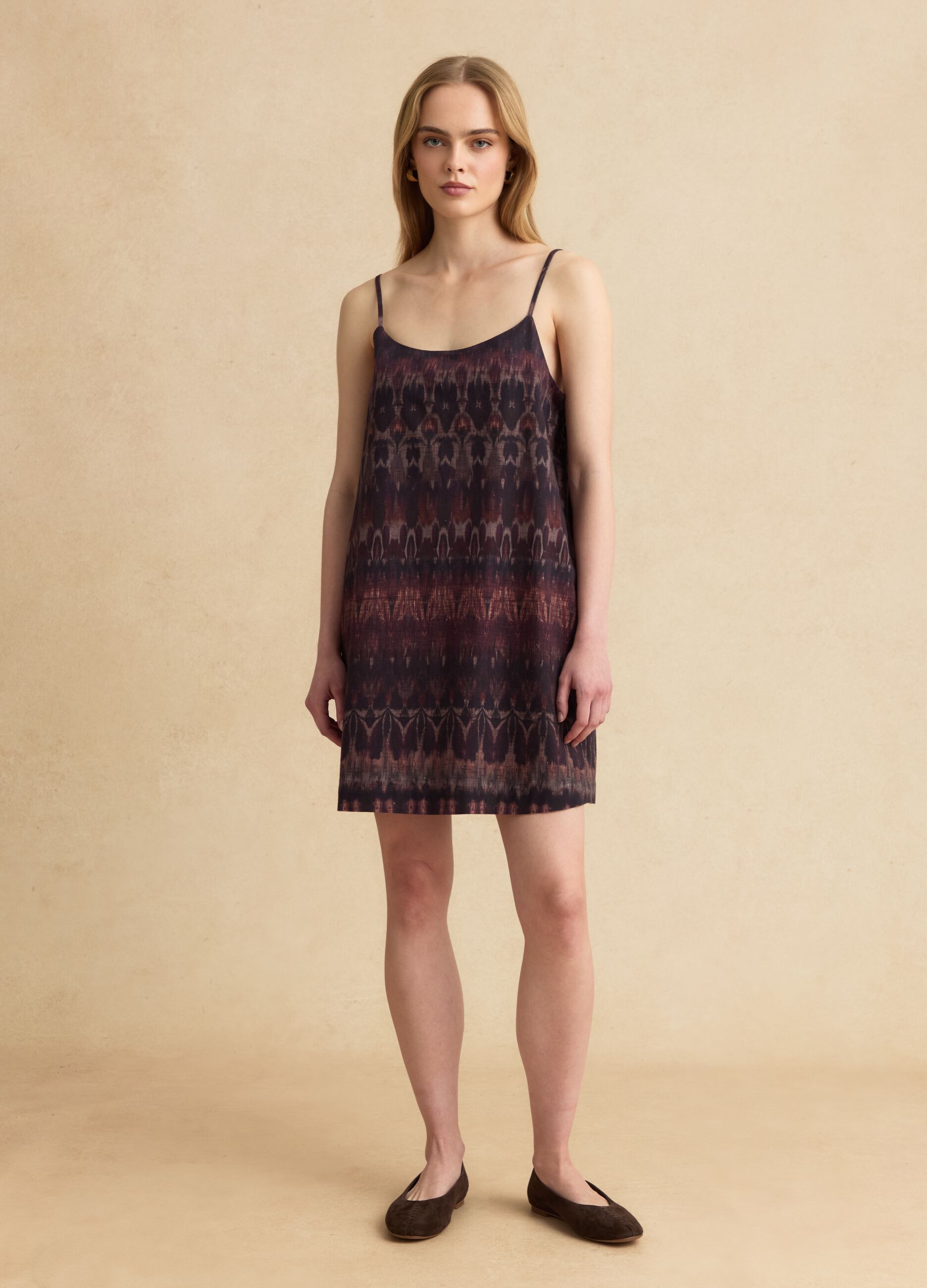 Purple cotton-linen blend dress with slim straps