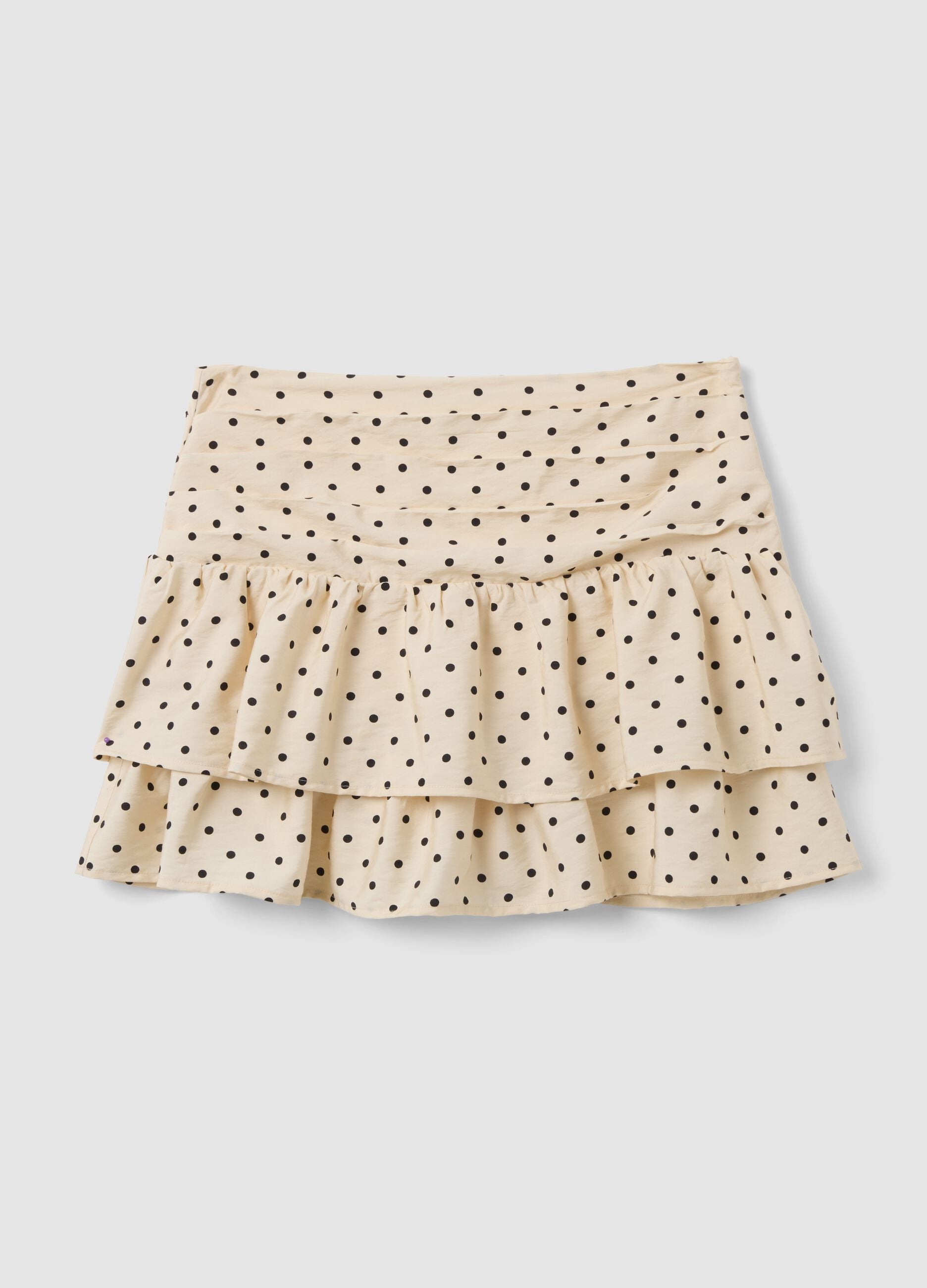 Beige viscose-blend polka dot skirt with tiered ruffles