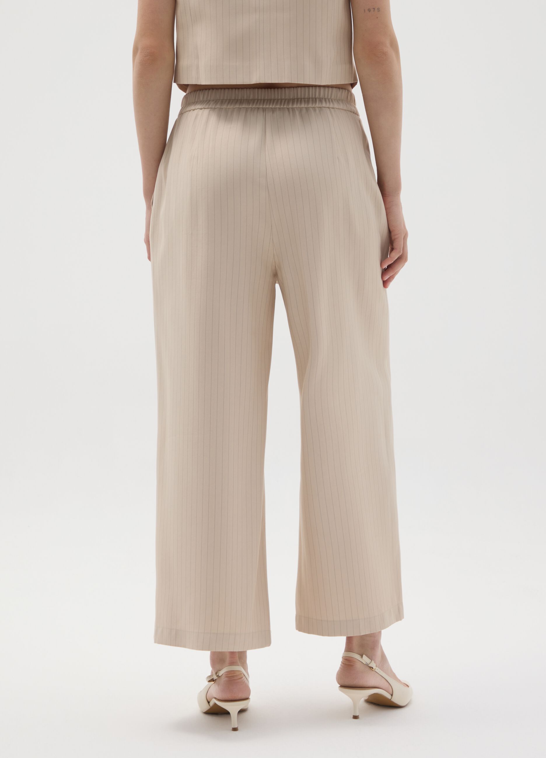 Beige Striped Wide Leg Trousers