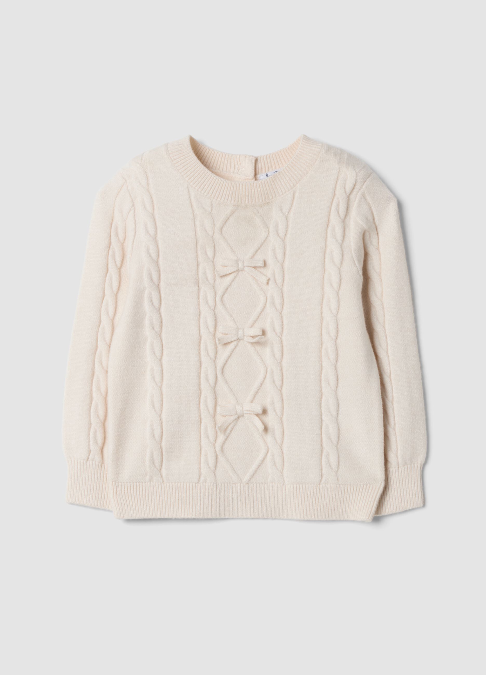 Beige viscose-blend jumper with textured crew neck