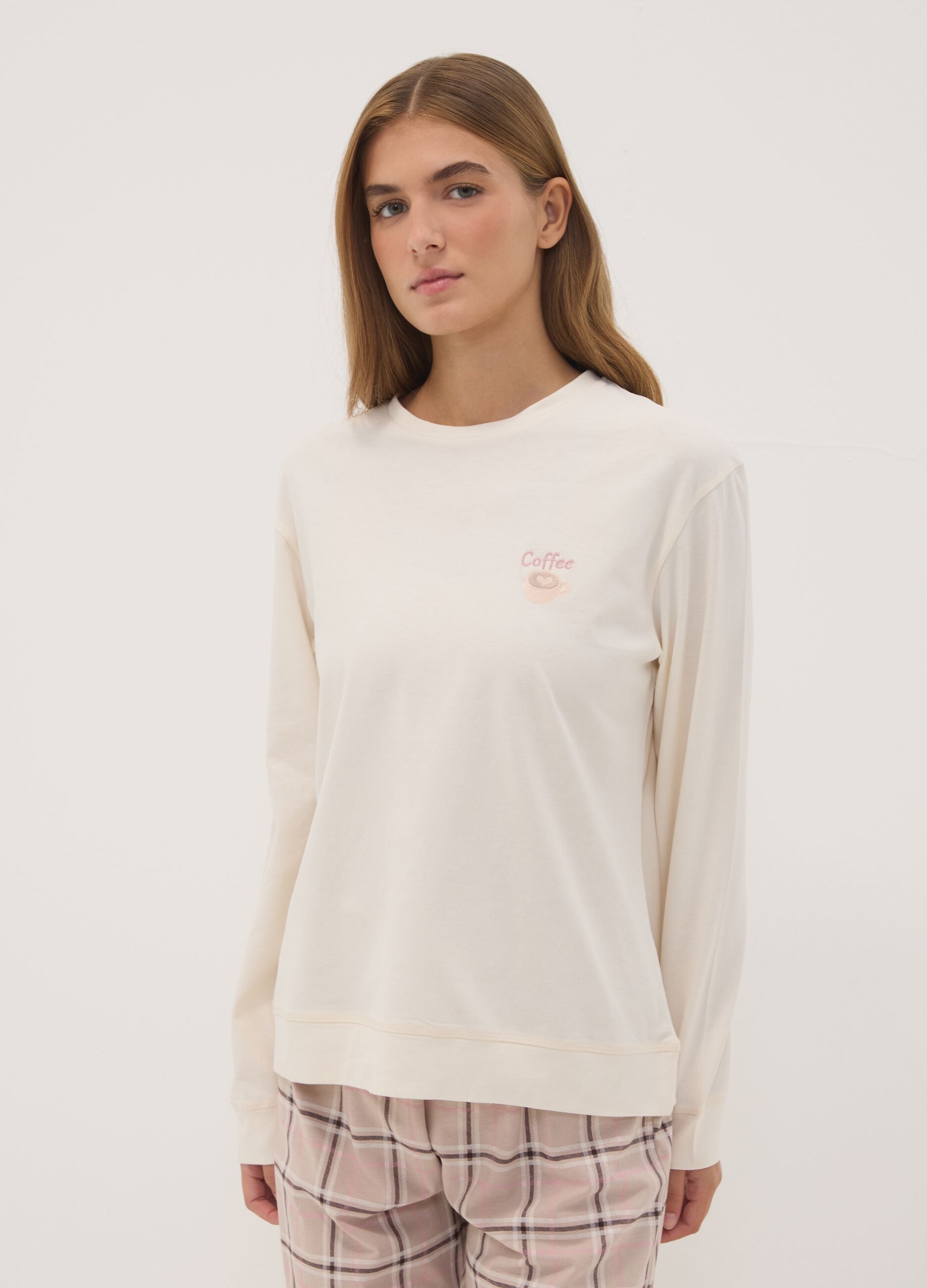 Beige pure organic cotton crew-neck pyjamas